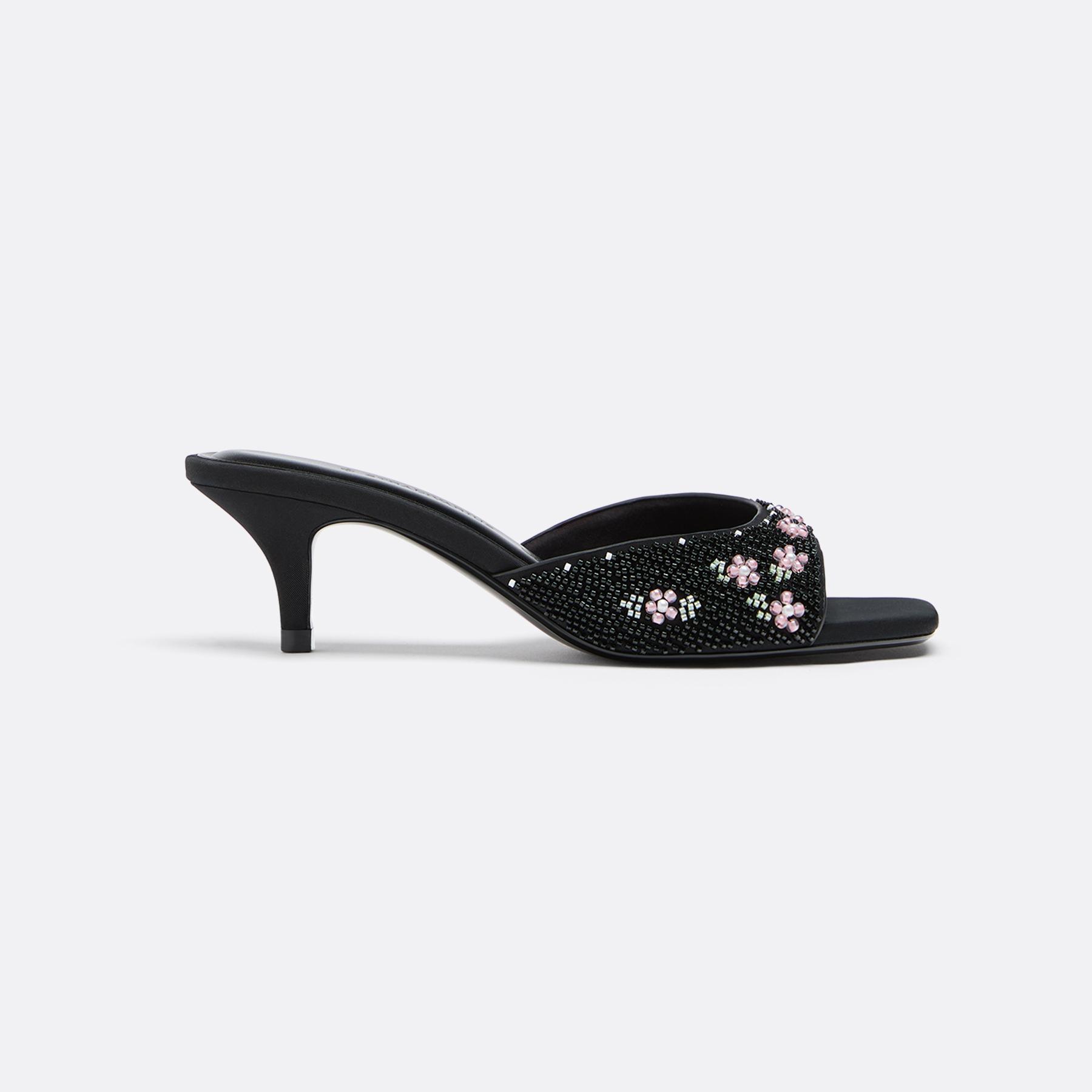 Heeled mule sandals with bead detail — BLACK