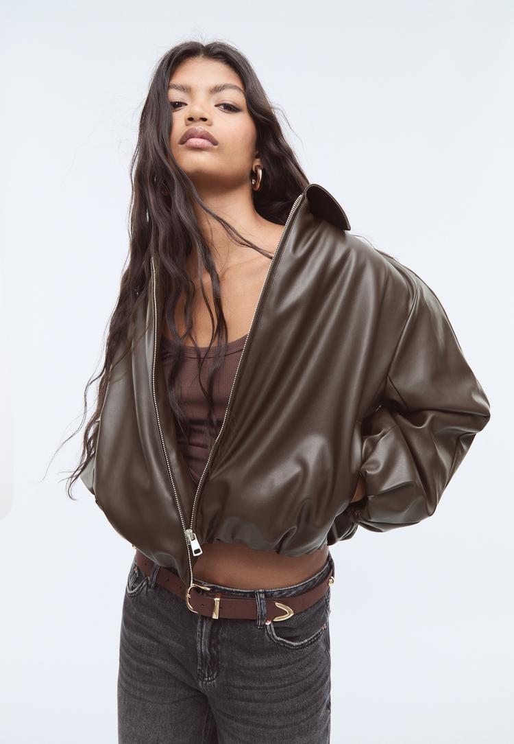 faux leather quilted bomber jacket