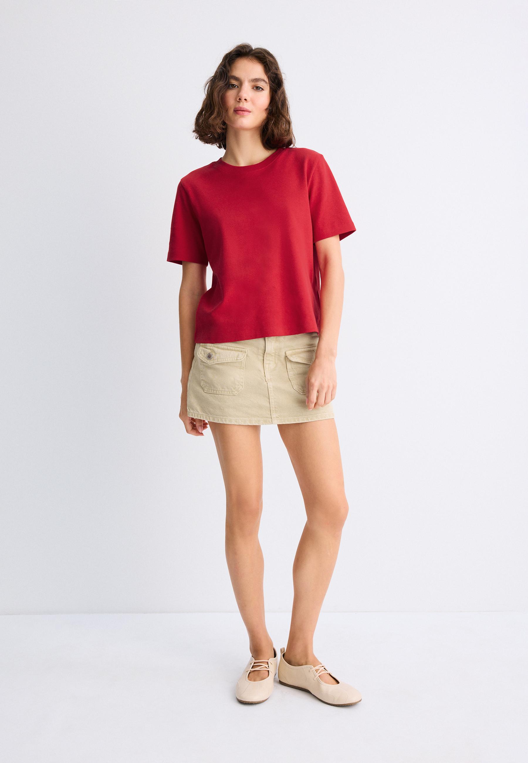 Stradivarius B01 Βασική Μπλούζα Regular Fit Heavy Weight Σκούρο Κόκκινο M