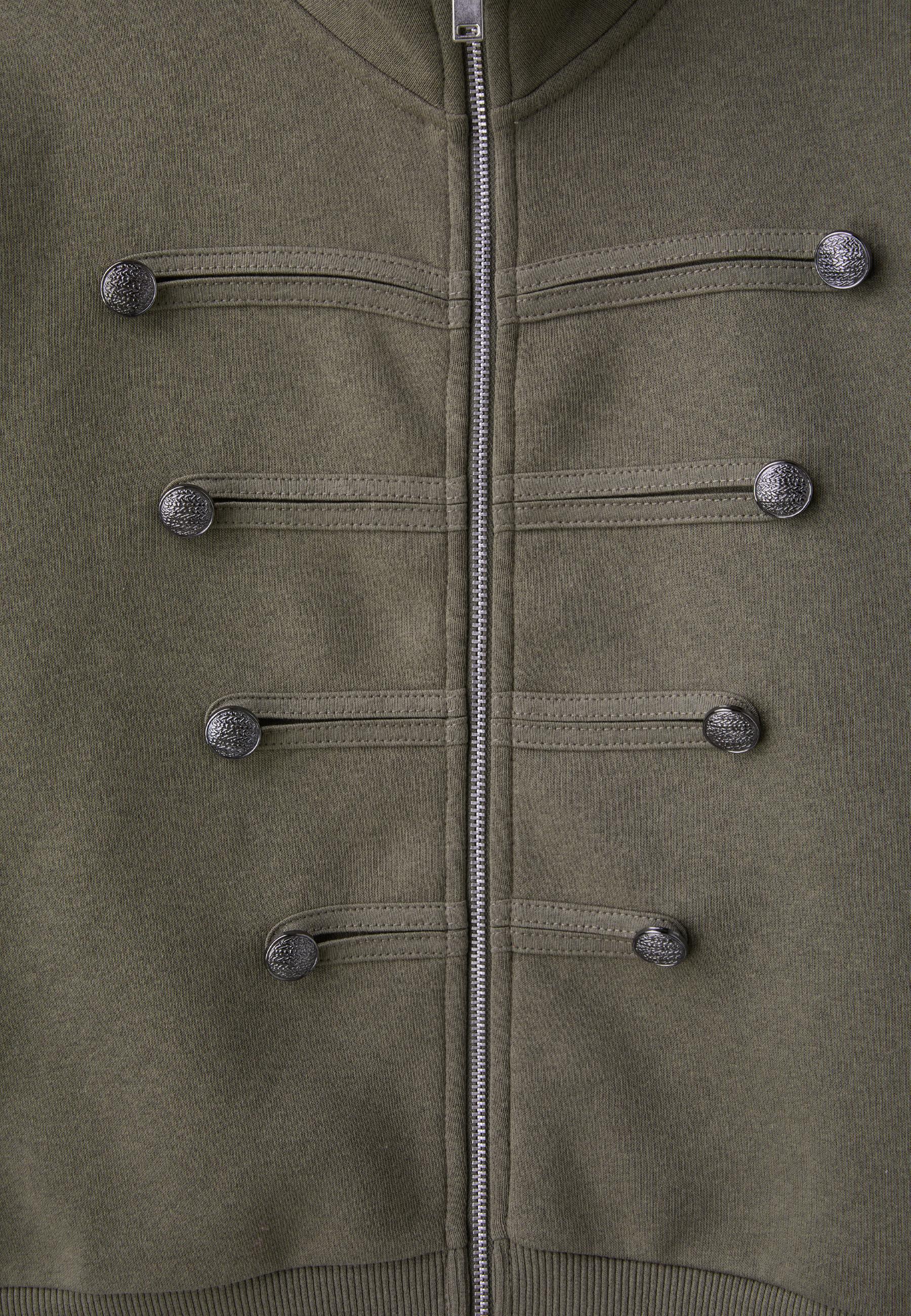 Metal Button Zip-Up Sweatshirt — Khaki