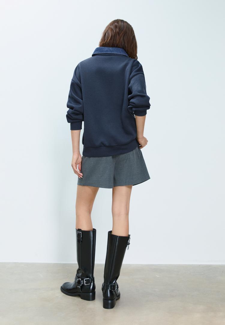 denim collared sweatshirt
