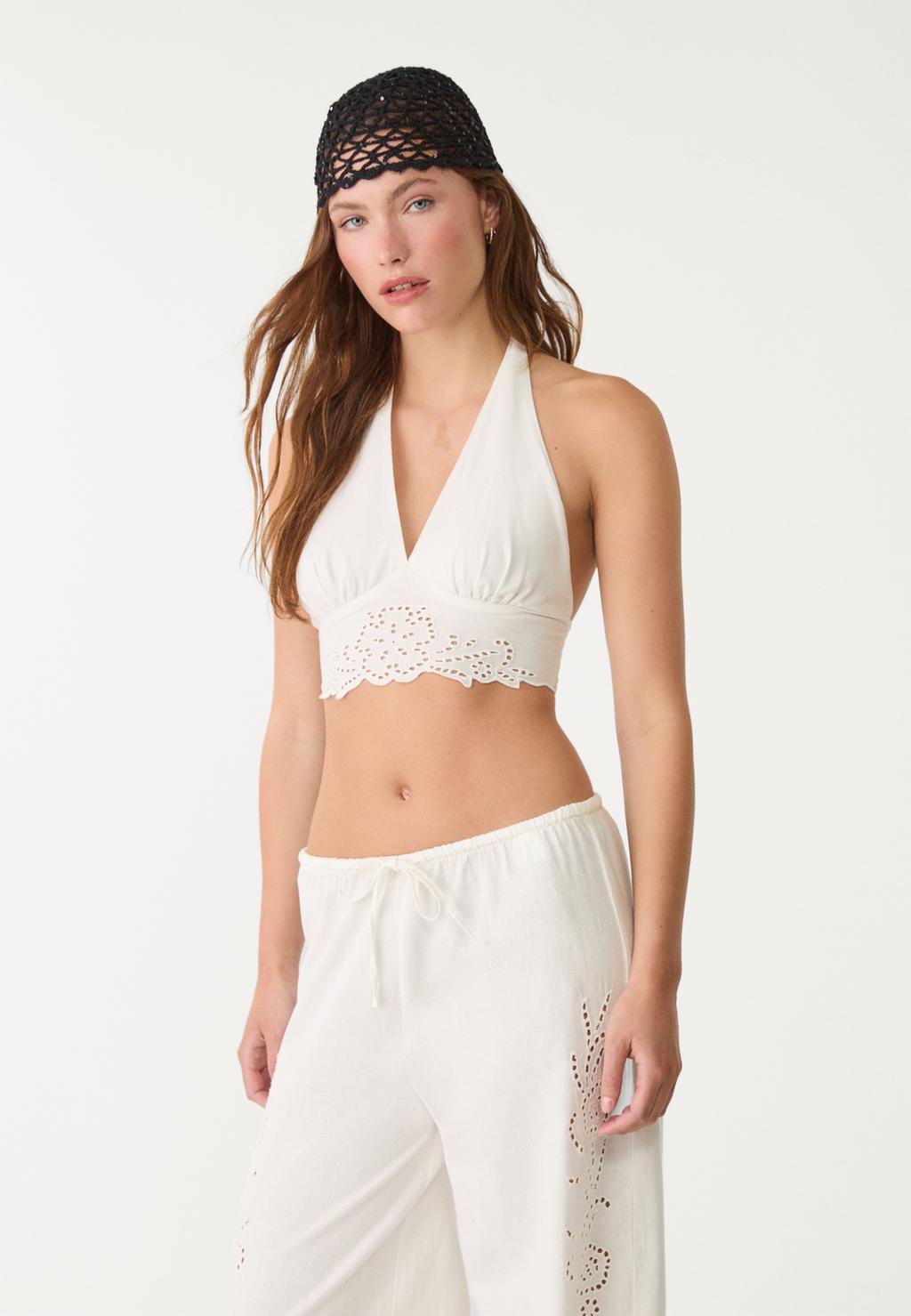 Top halter bordados con lino