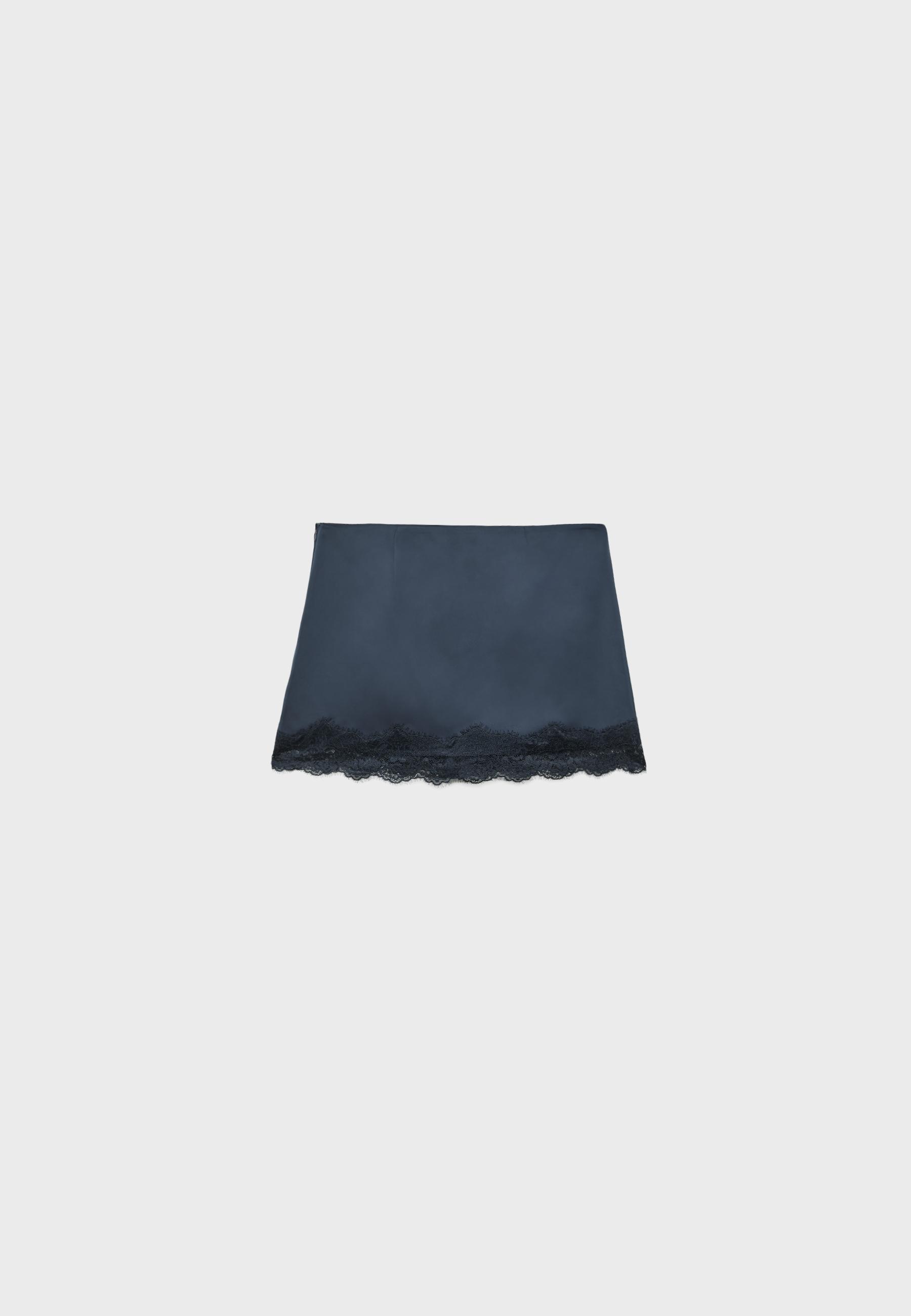 Sateen mini skirt with lace trim — Dark blue
