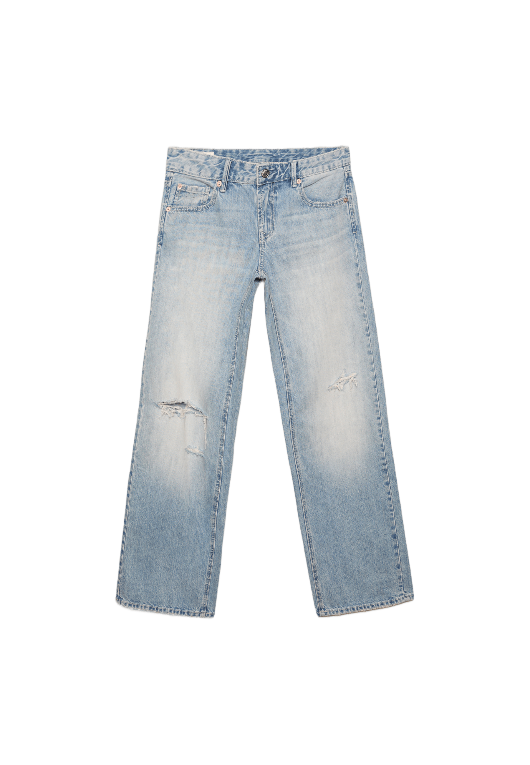 Ripped low-waist straight jeans — MEDIUM LIGHT BLUE DENIM