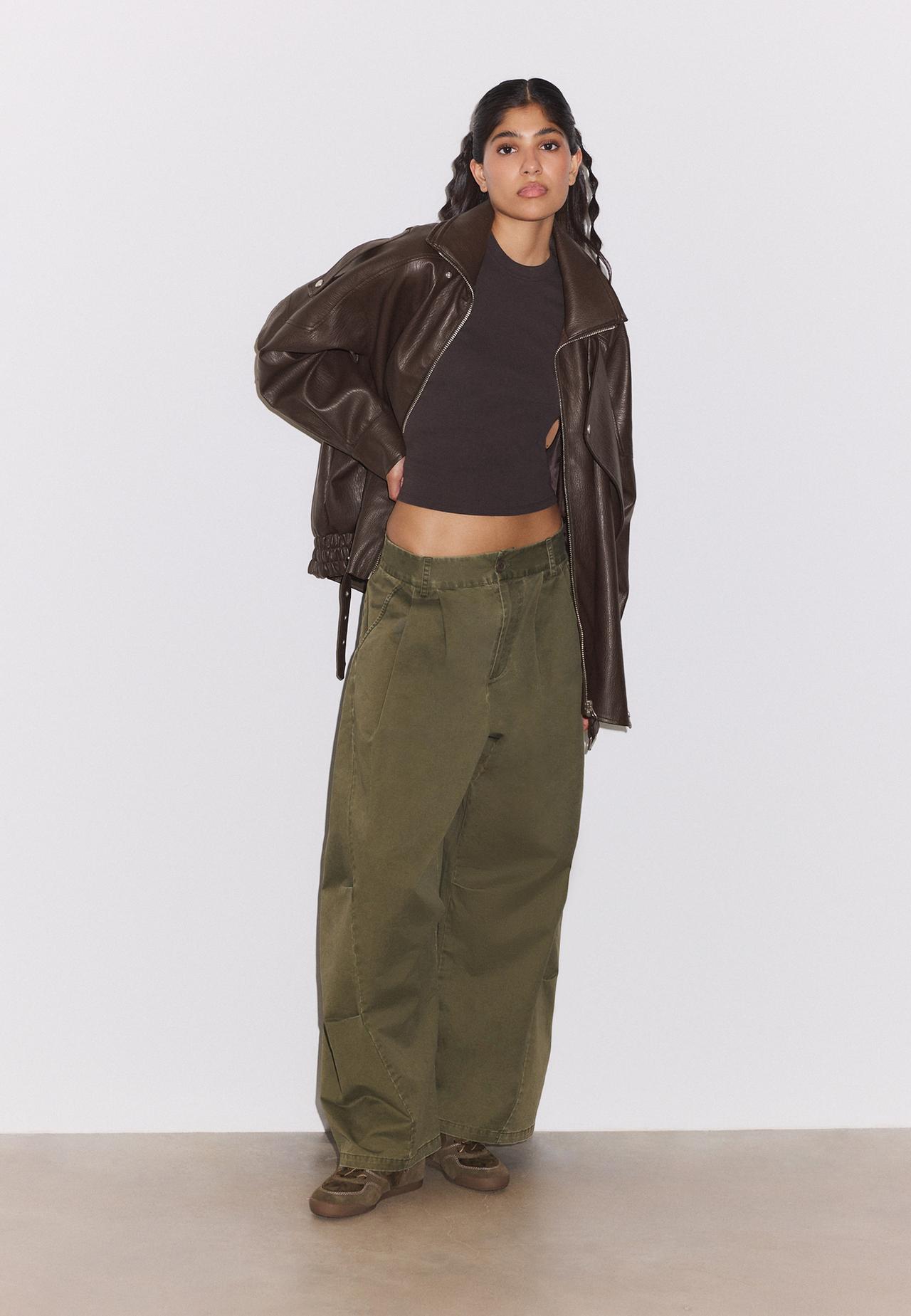 Oversize leather effect jacket with flap — Brown