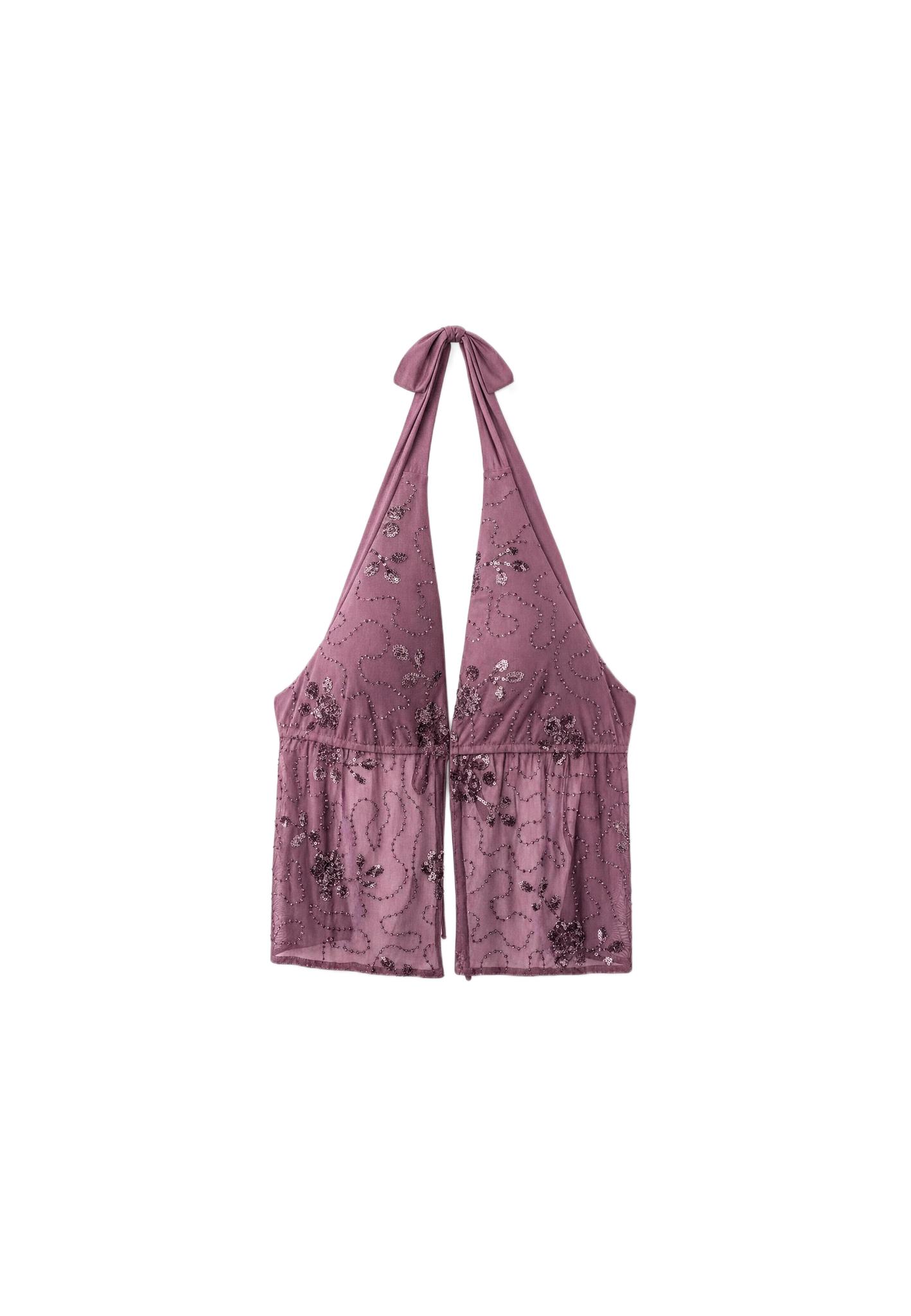 Embroidered halter top with rhinestones — Purple