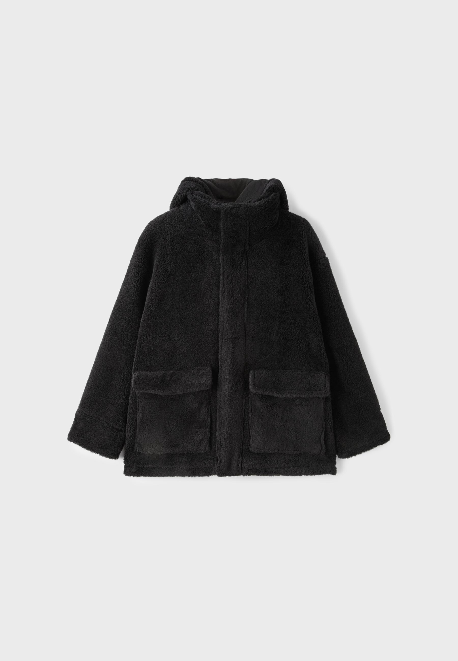 Faux sheepskin-effect hooded coat — Dark grey