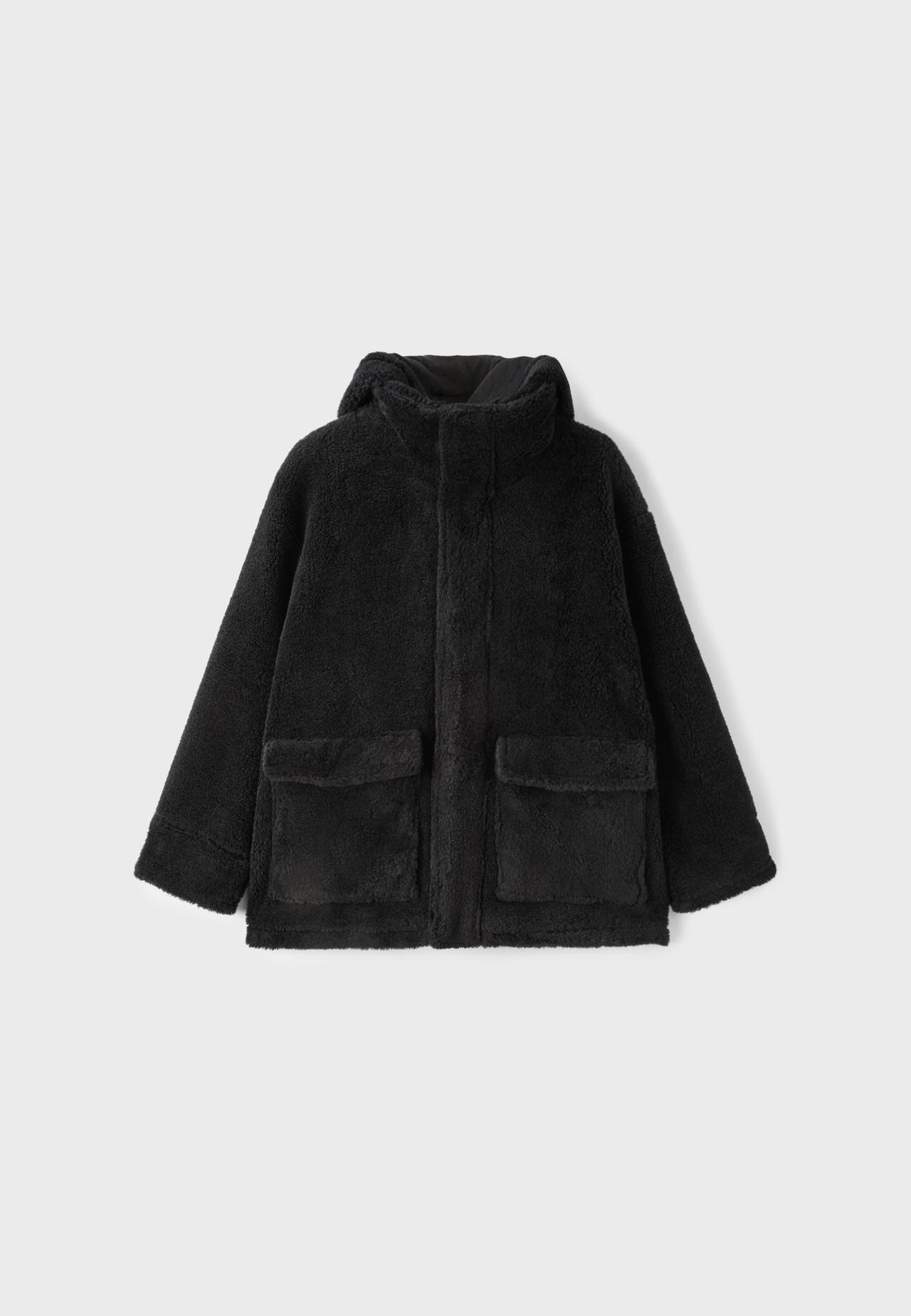 Faux shearling-effect hooded coat — Dark grey