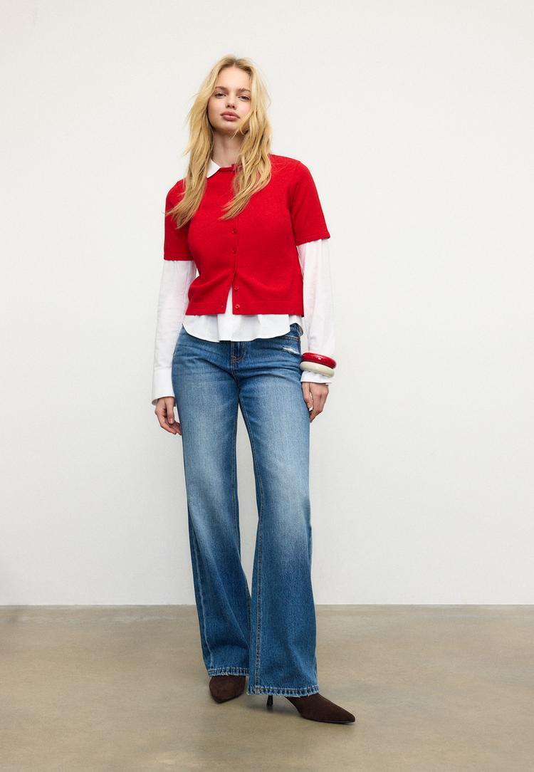 Stradivarius Úpletový Kardigan Se Stojáčkem Na Knoflíky Red M