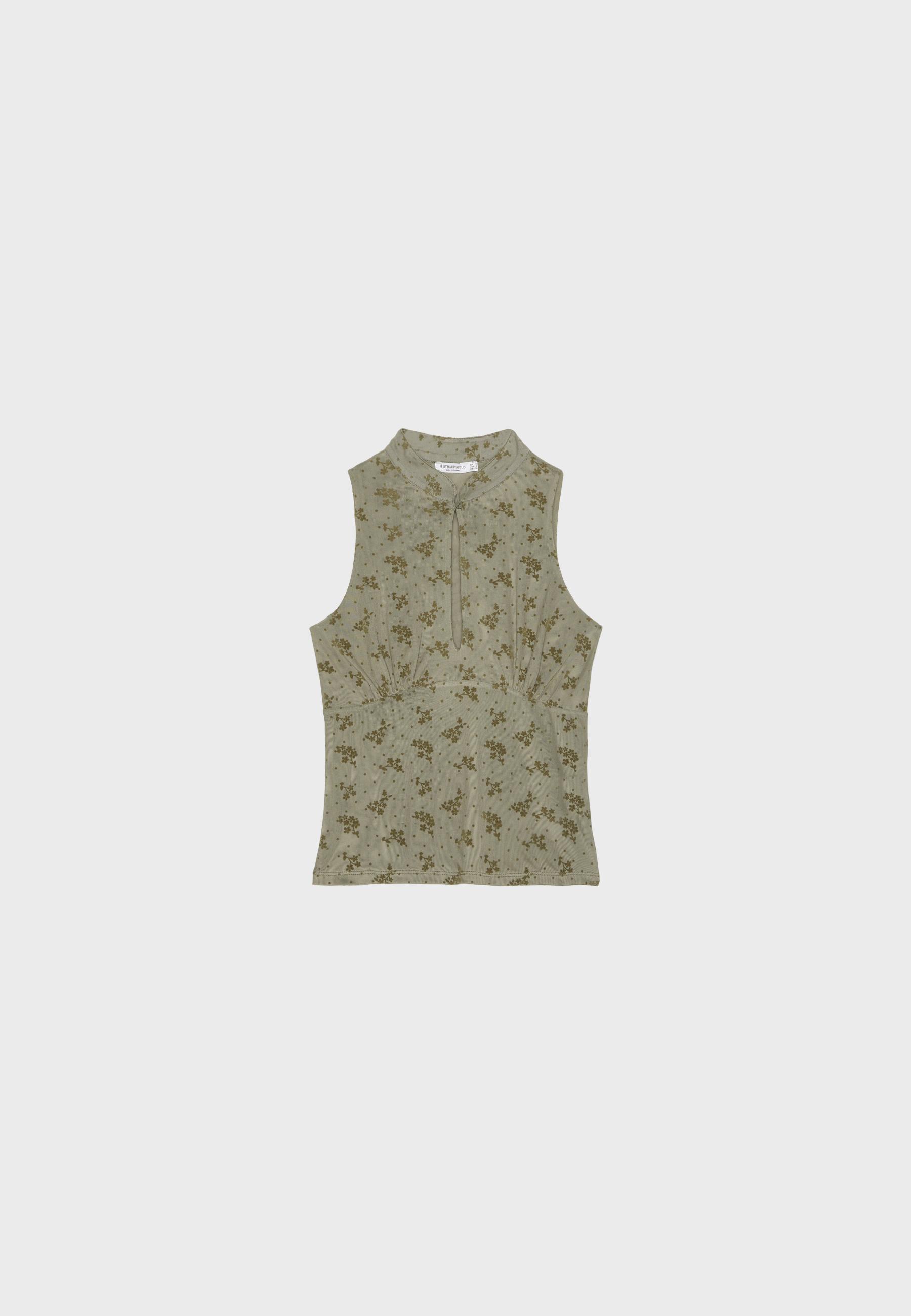 Sleeveless stand collar top with split — Olive green