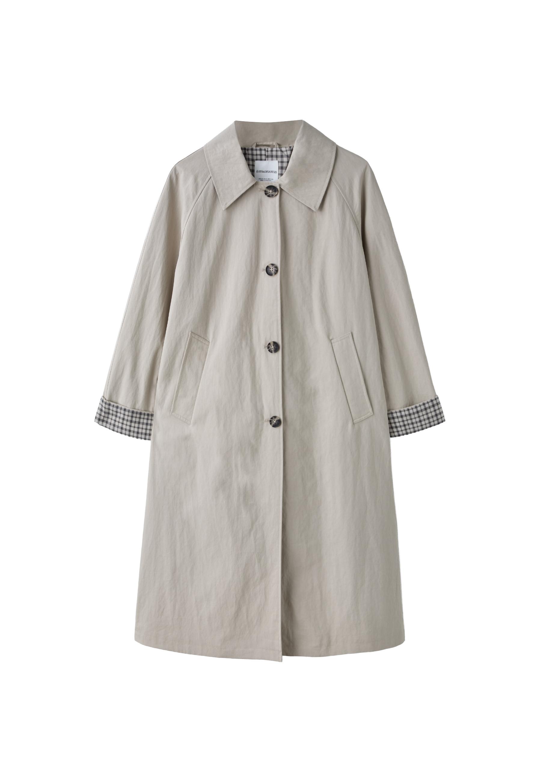 Check-lined long trench coat — Beige