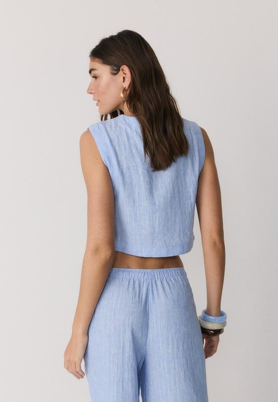 Stradivarius Top Col Rond Rayé Rustique Bleu Xs