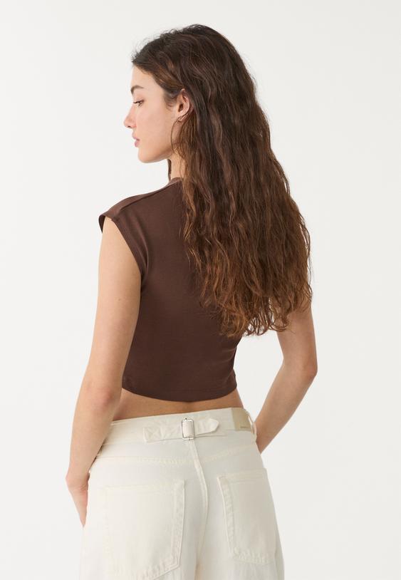 Stradivarius Cropped T-Shirt Met Kapmouwen Bruin M