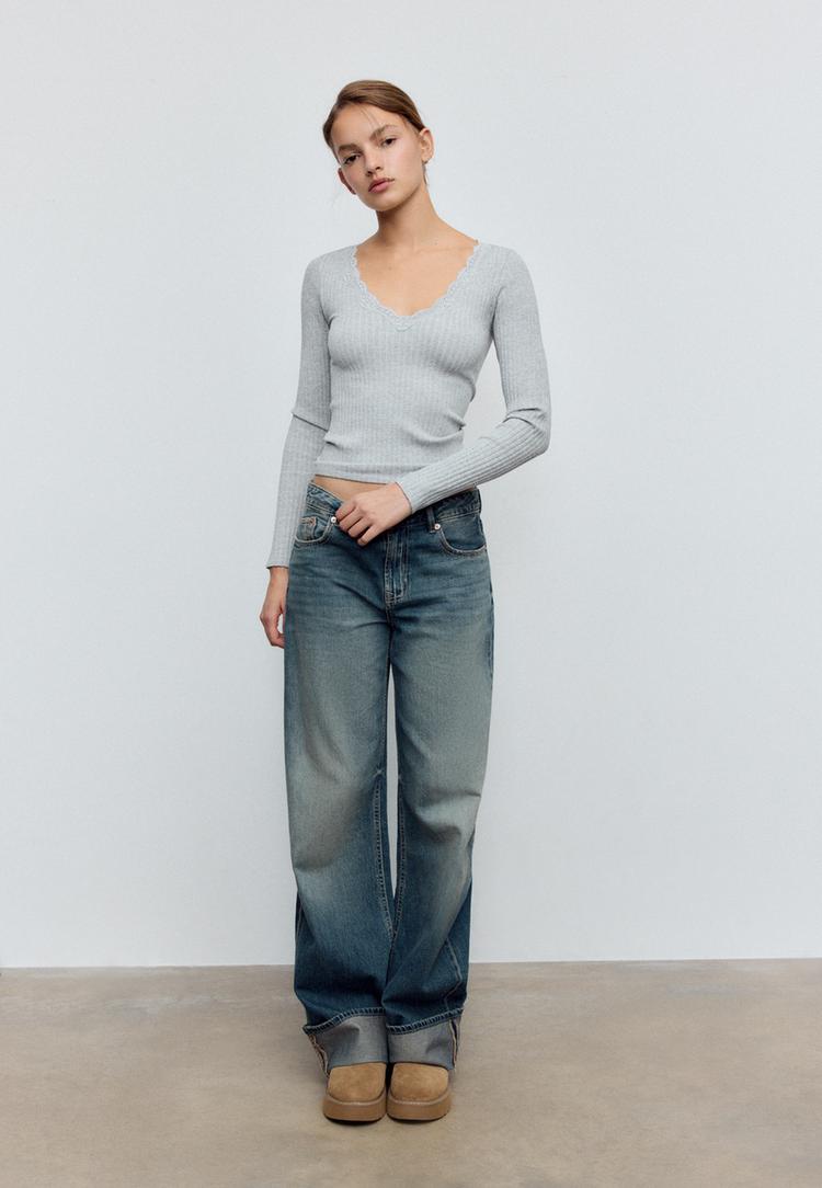 Stradivarius Μπλούζα Χωρίς Ραφές Με Δαντέλα Γκρι Μελανζέ L