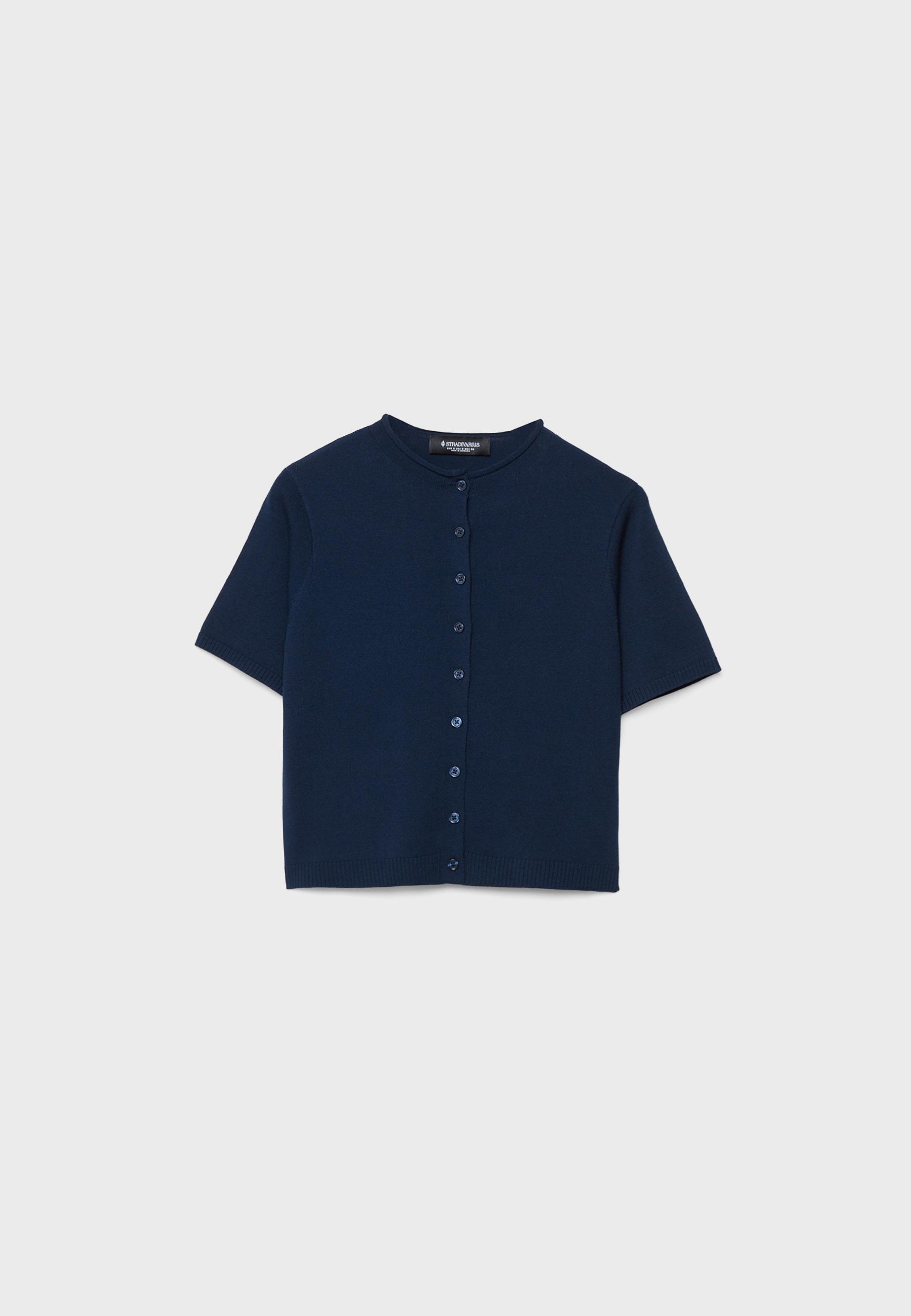 Stand collar buttoned knit cardigan — Dark blue