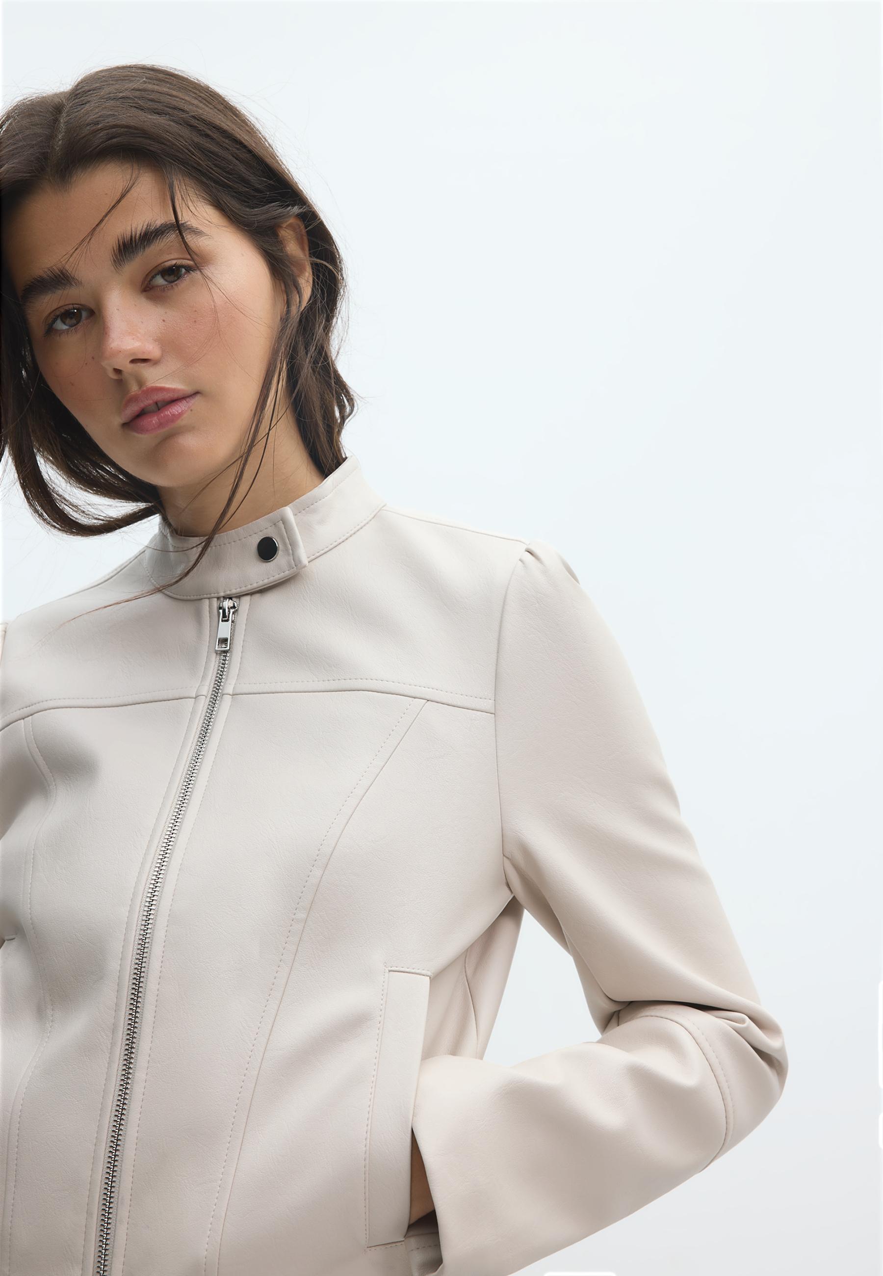 Cropped leather effect biker jacket — Ecru
