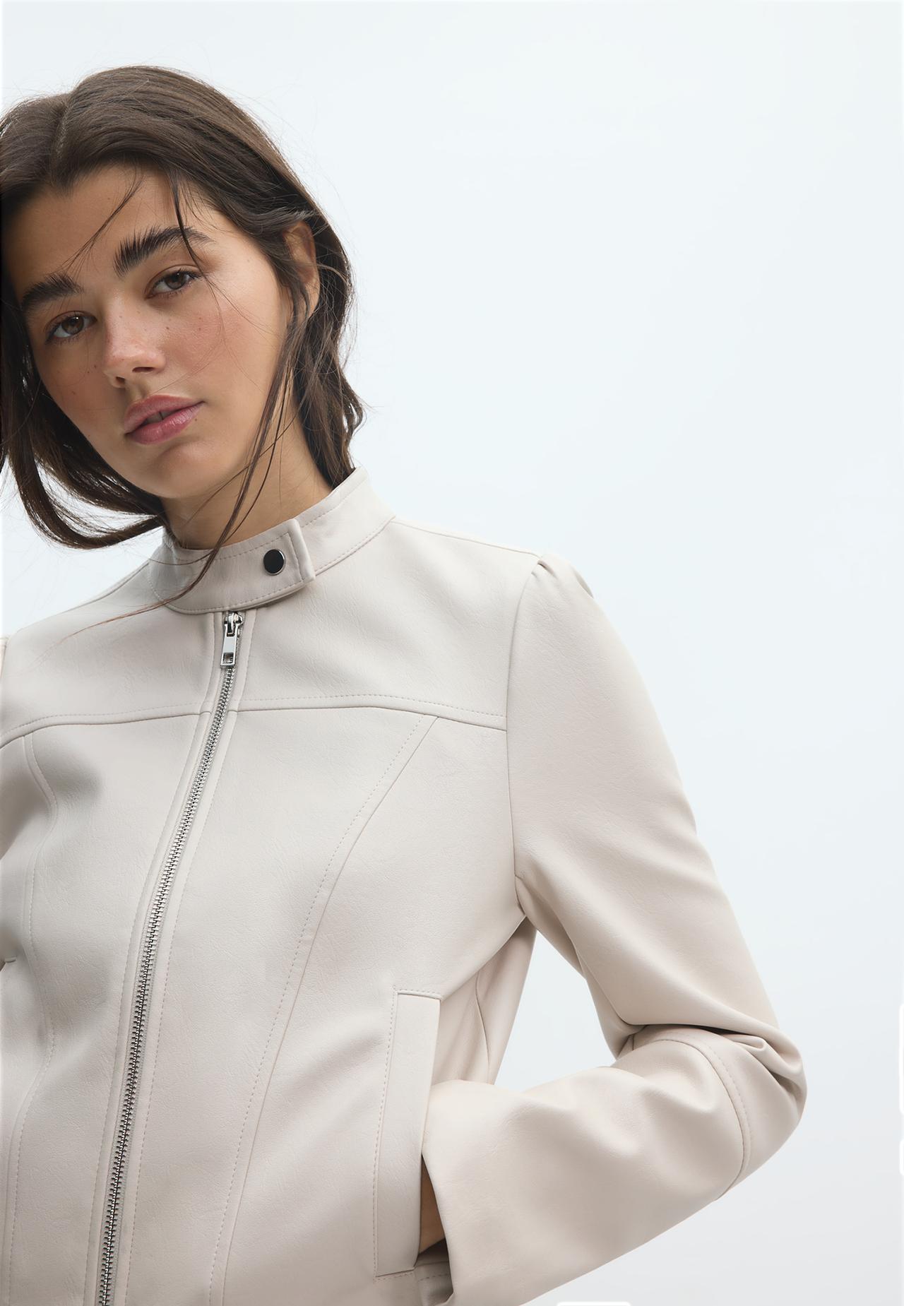 Cropped leather effect biker jacket — Ecru