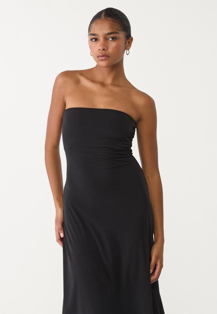 vestido midi evase hombros descubiertos