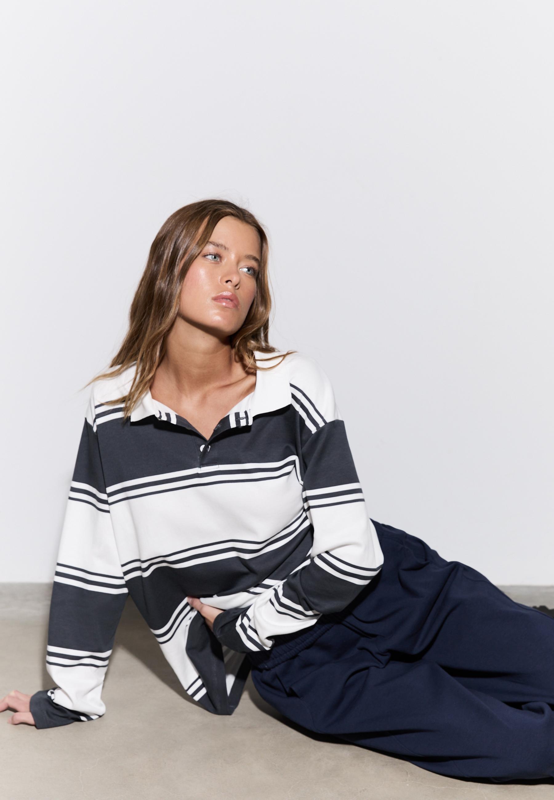 Oversize Striped Polo Shirt — Dark grey