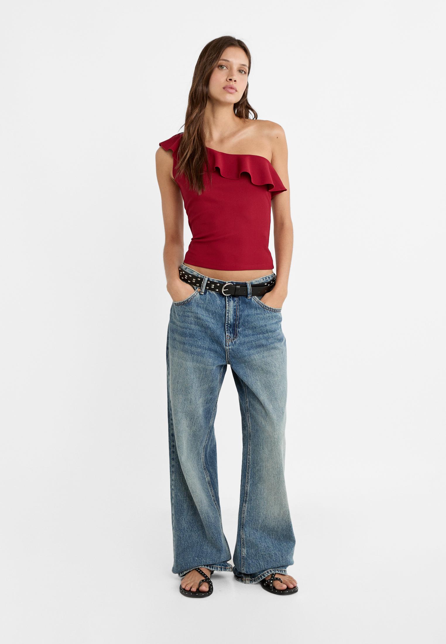 Asymmetric T-shirt with ruffle — Dark red