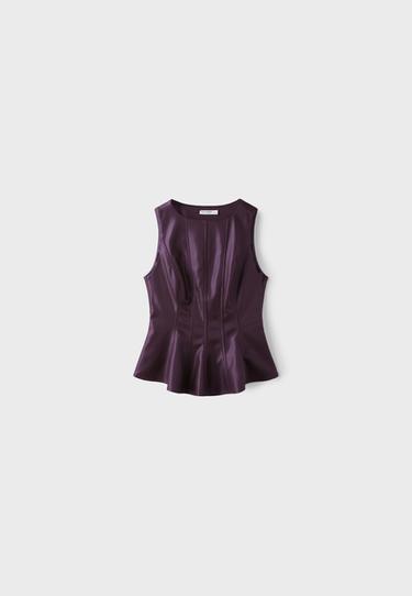 Leather effect peplum sleeveless top — Purple 7