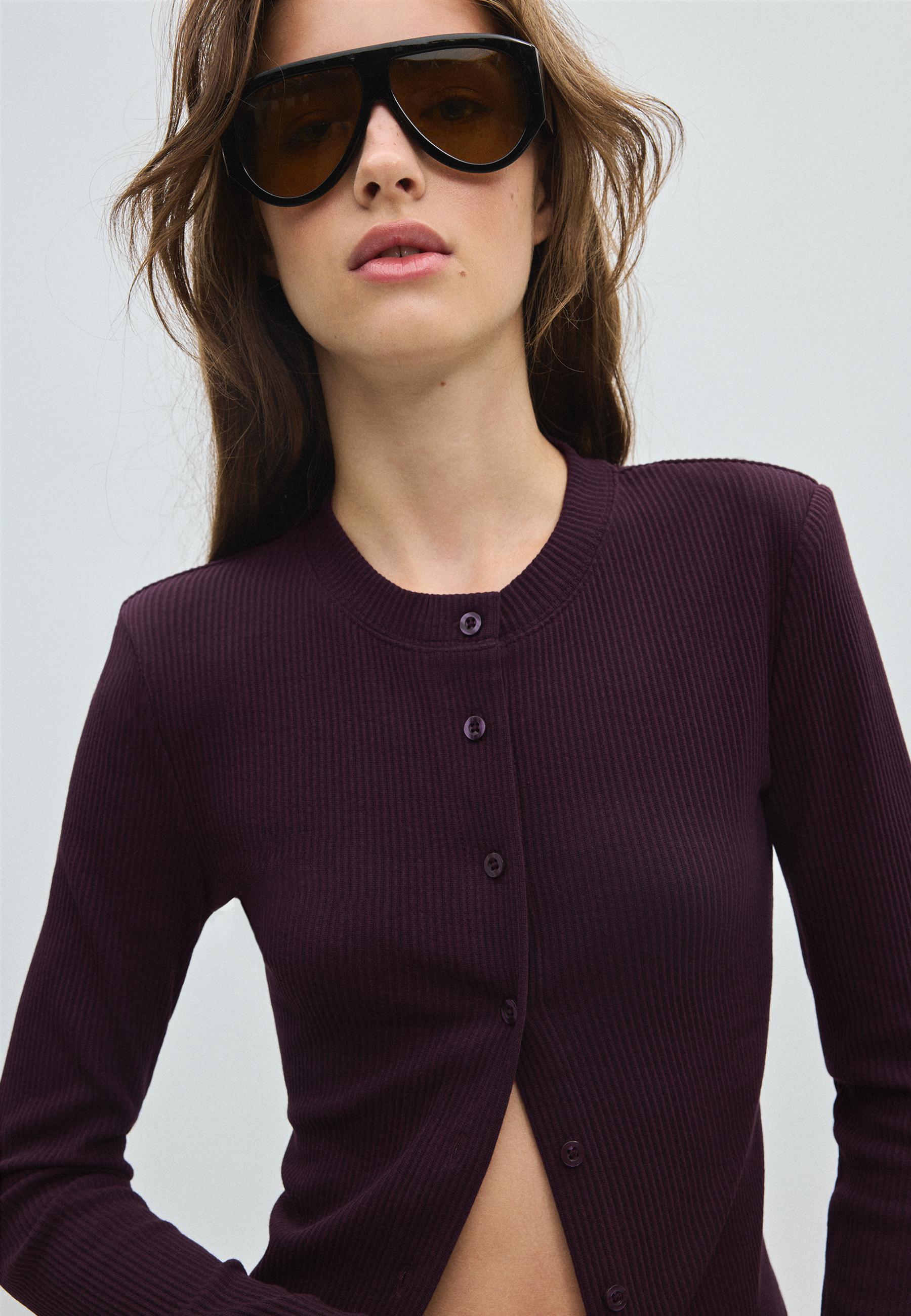 Knit cardigan with shoulder pads — AUBERGINE