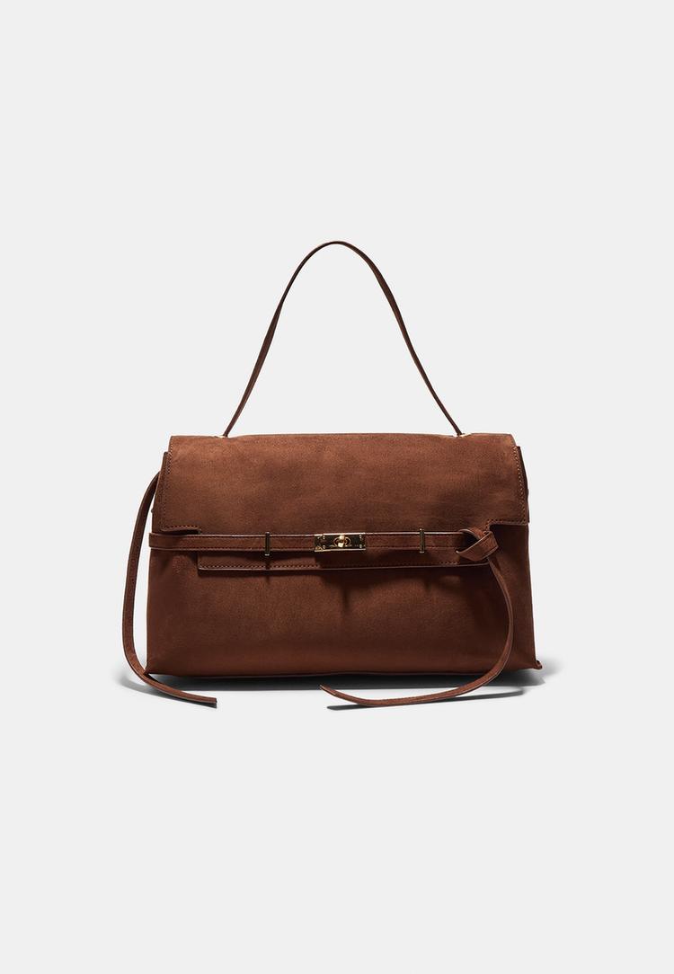 Stradivarius Geantă De Umăr Cu Închidere Metalică, Stil Lady Ocru Os