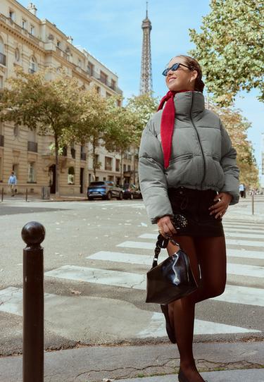 Checked high neck cropped puffer jacket — Beige 2