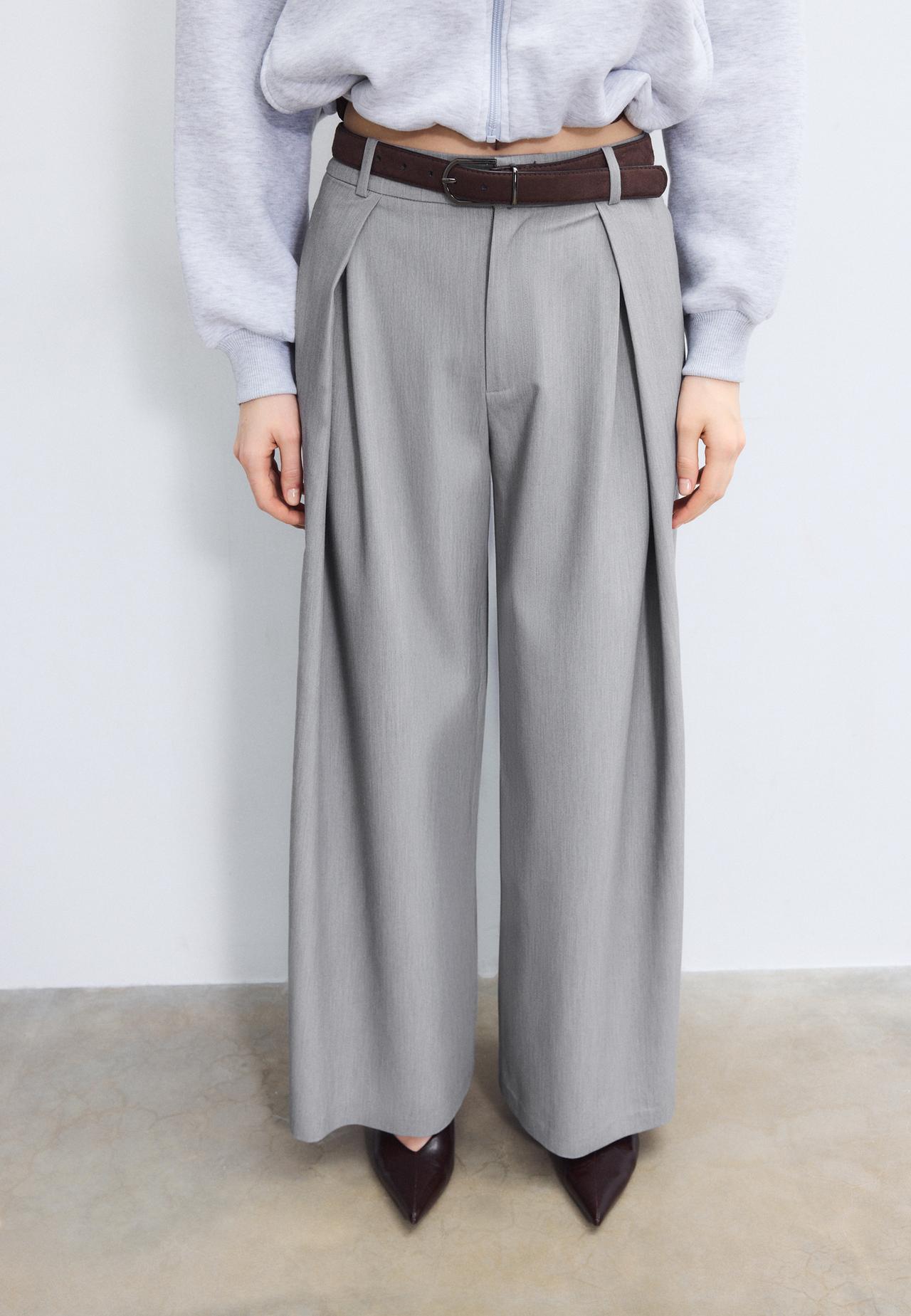 Maxi-darted trousers with belt — Grey melange