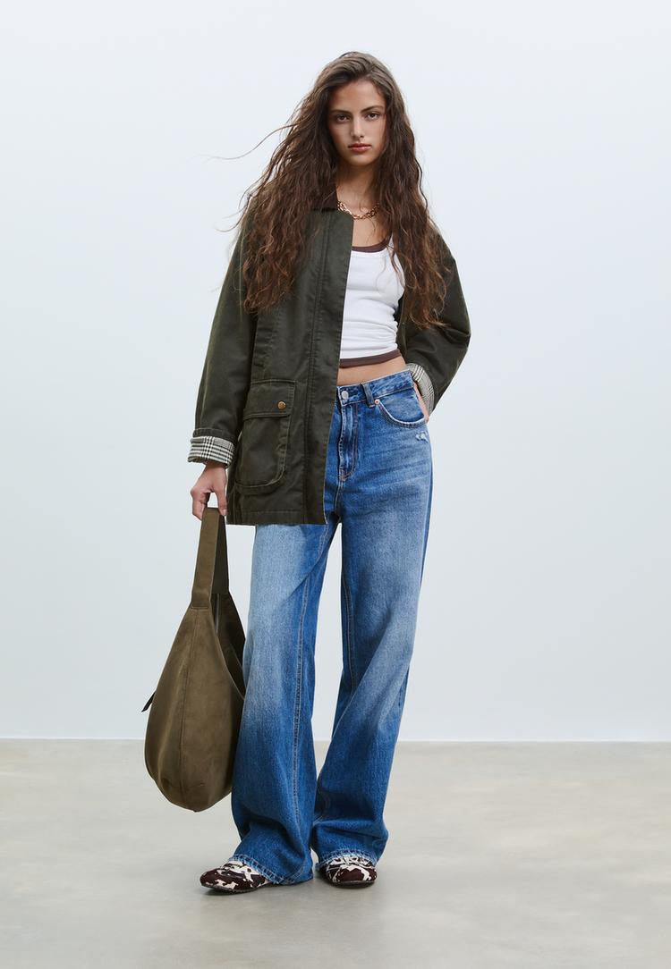 Stradivarius Parka Cerată Cu Multiple Buzunare Kaki Xs