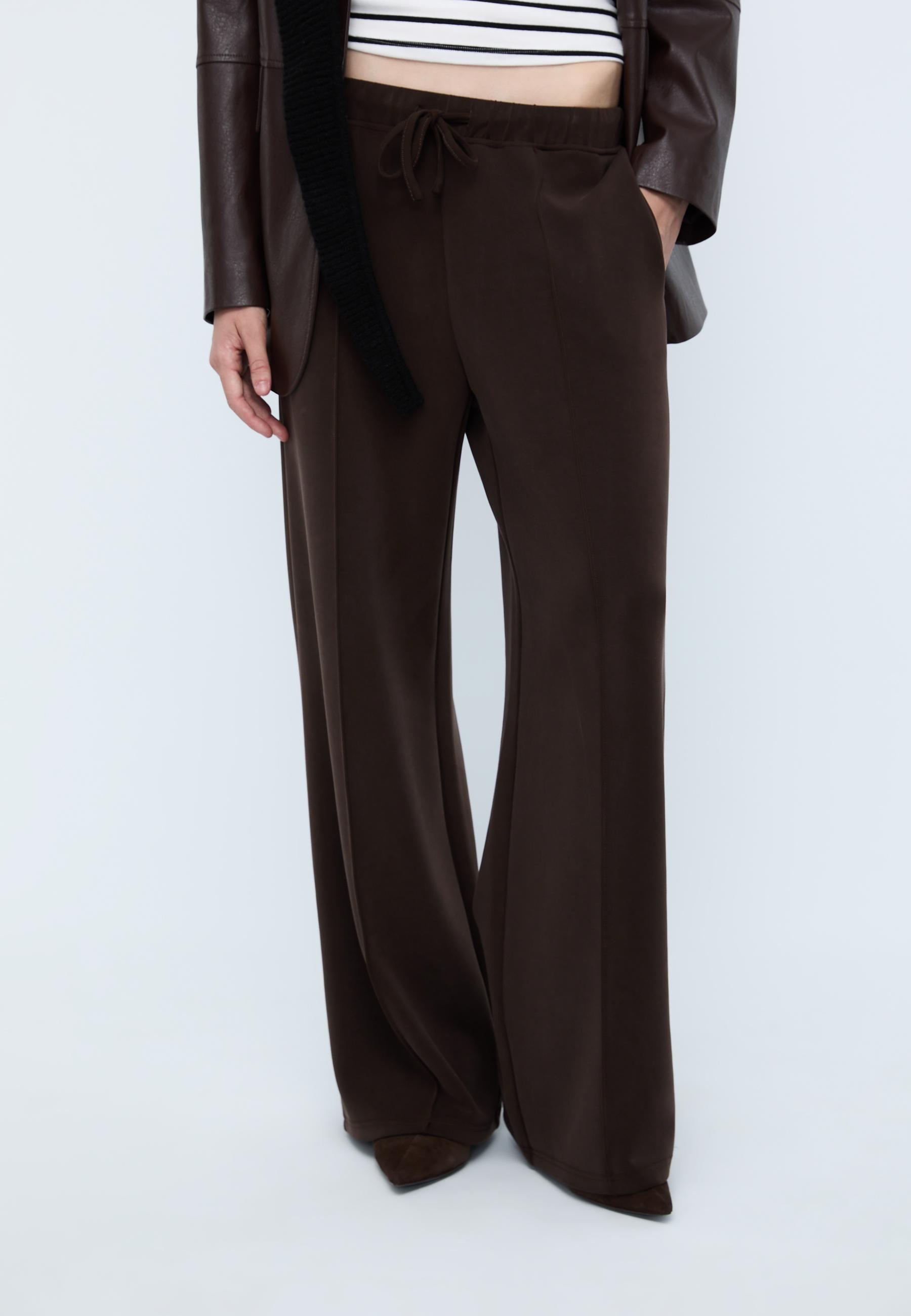 Soft-touch wide-leg pin-tuck joggers — Brown