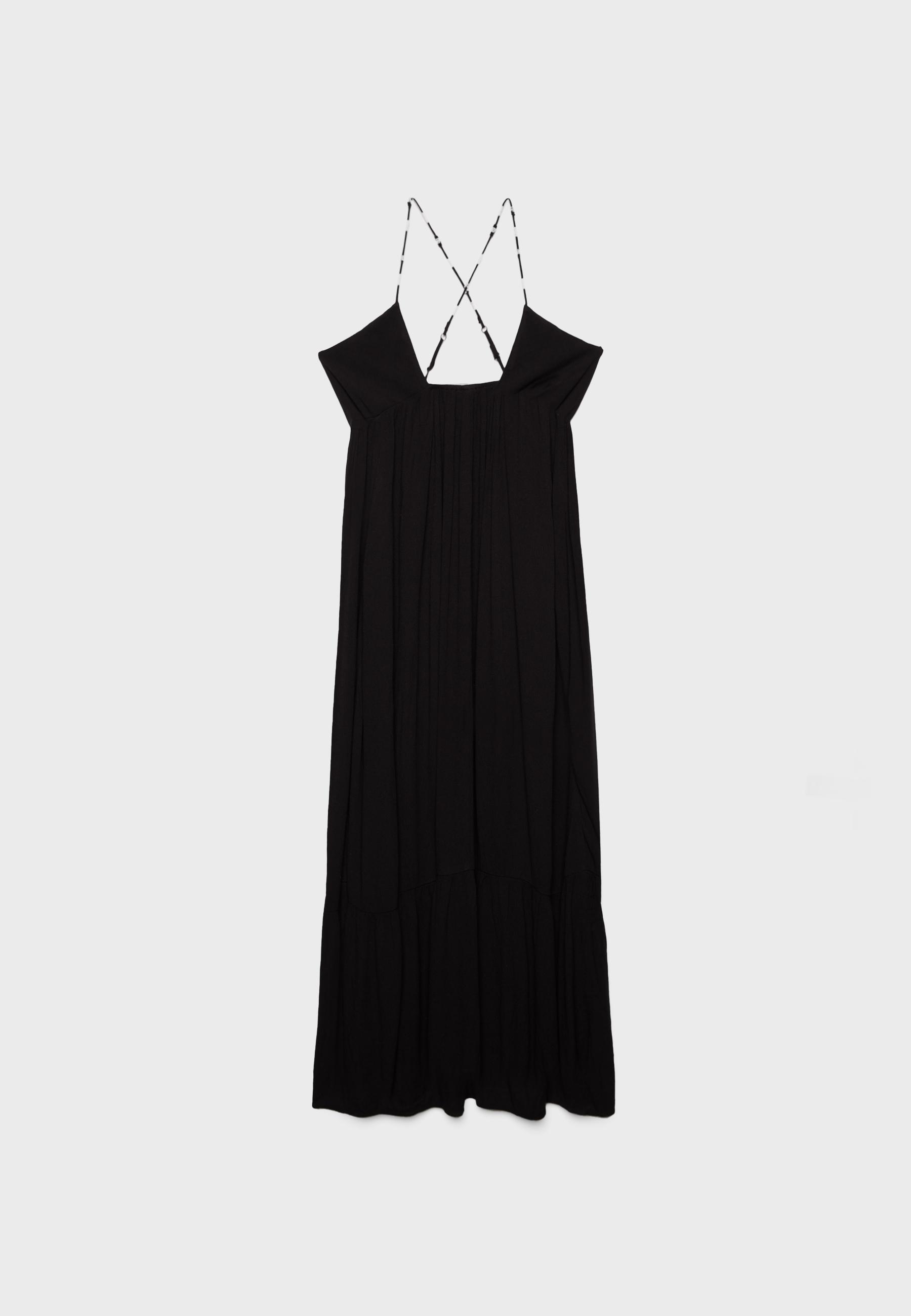 Long crepe dress with beading straps — Black