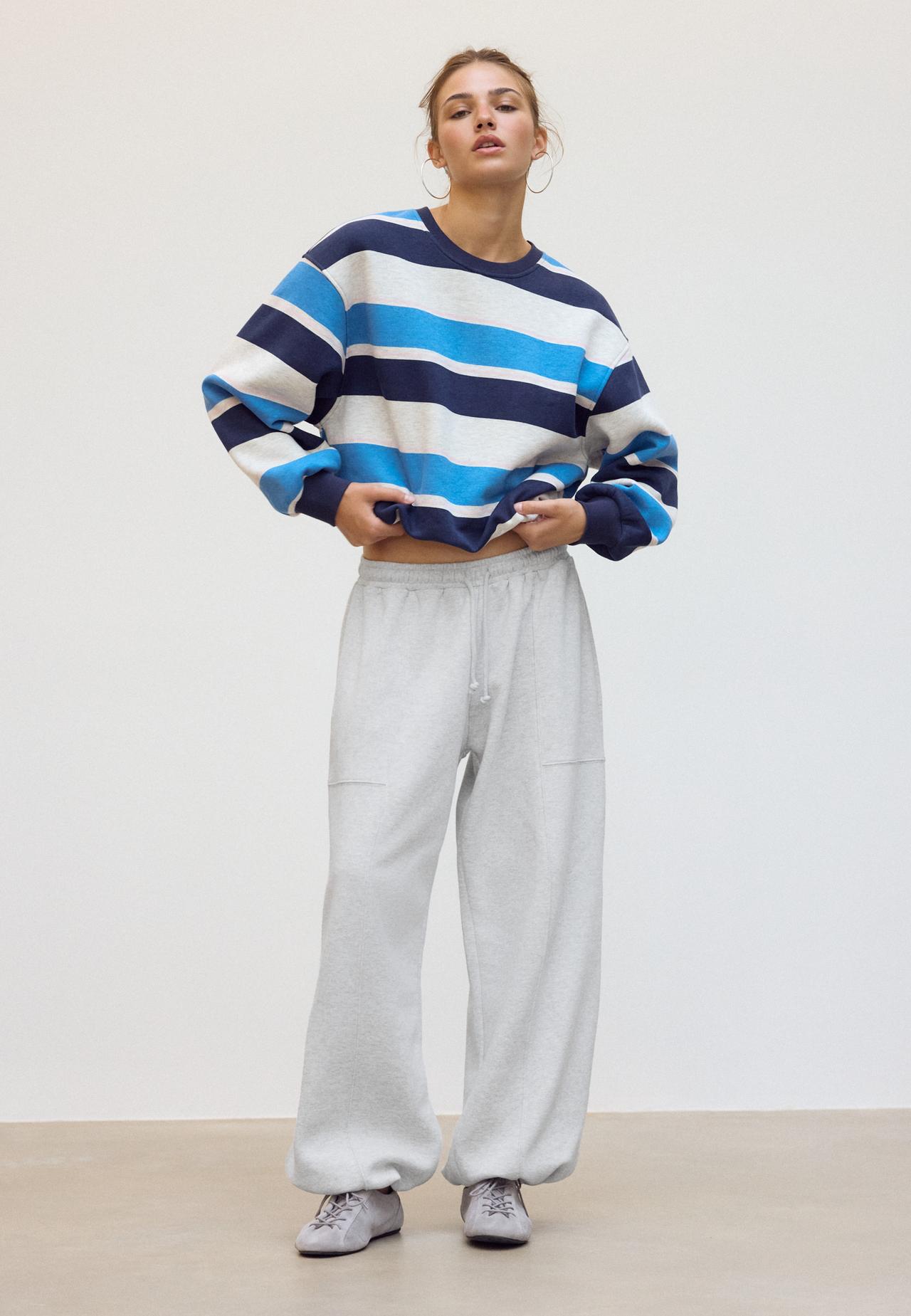 Striped puff-hem sweatshirt — Grey melange