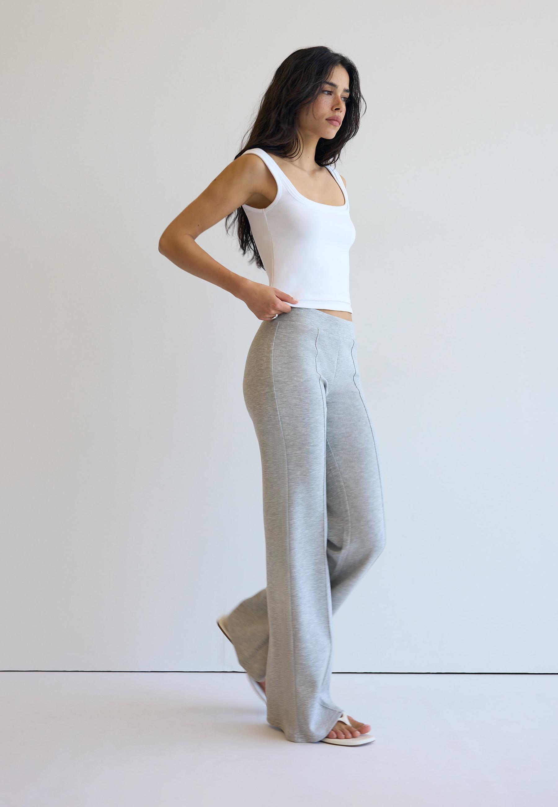 Soft-touch bell bottom trousers with front seam detail — Grey melange