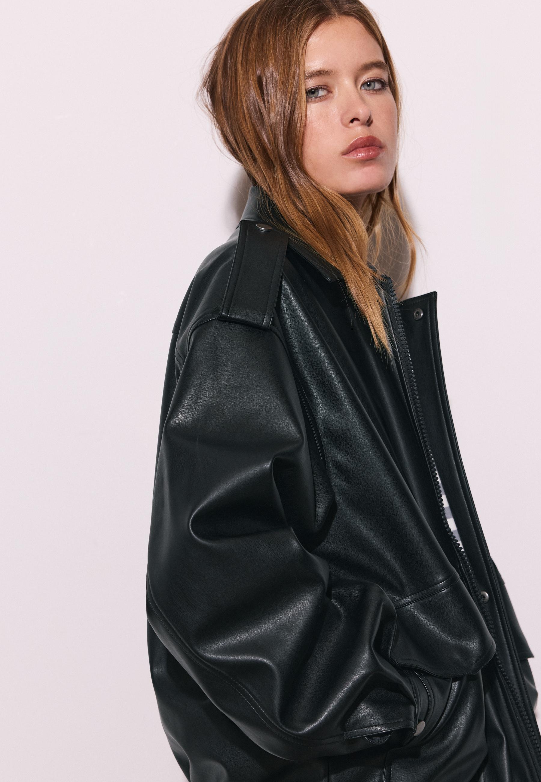 Oversize leather effect biker jacket — Black