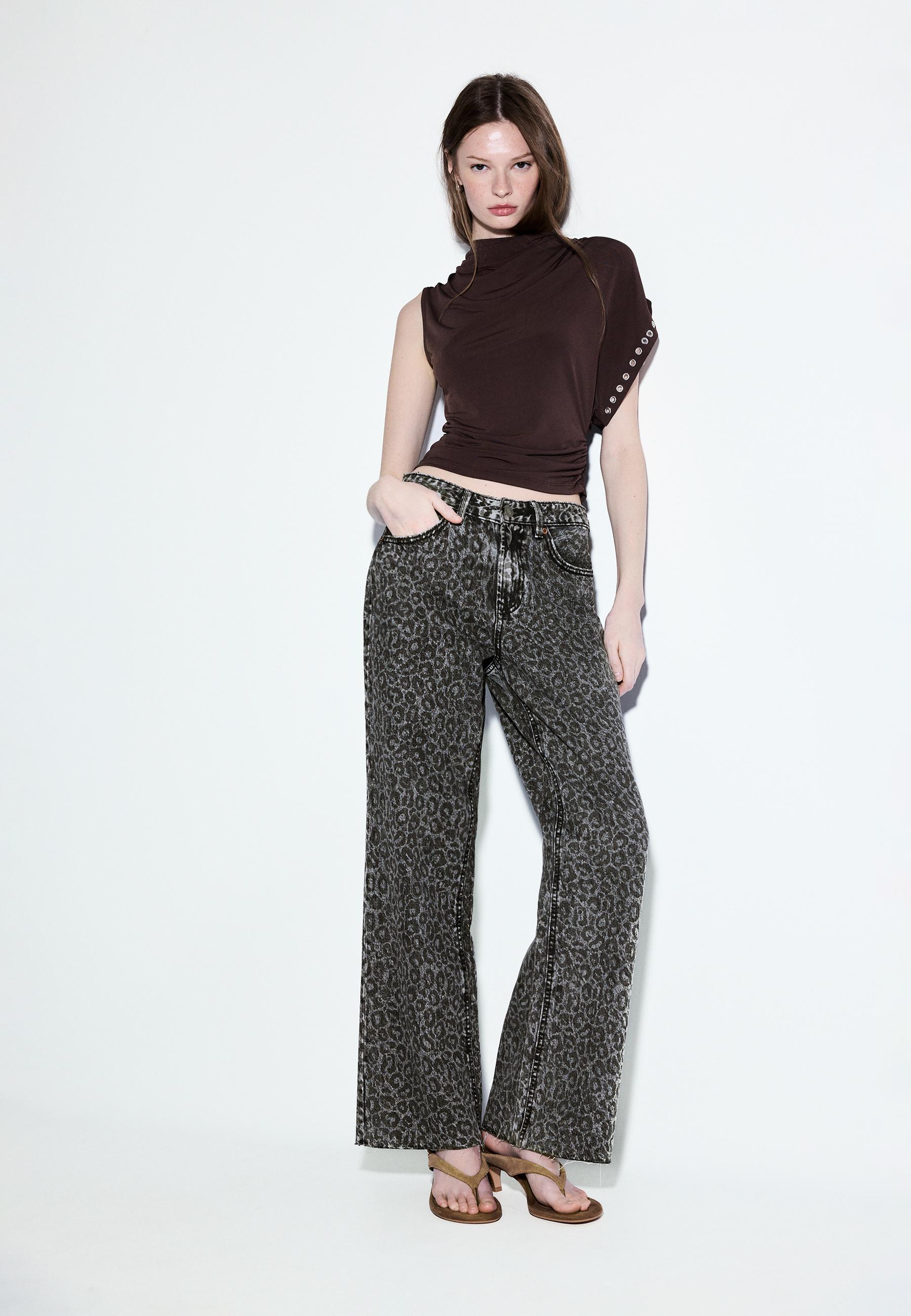 Straight wide-leg leopard print jeans - Women's fashion