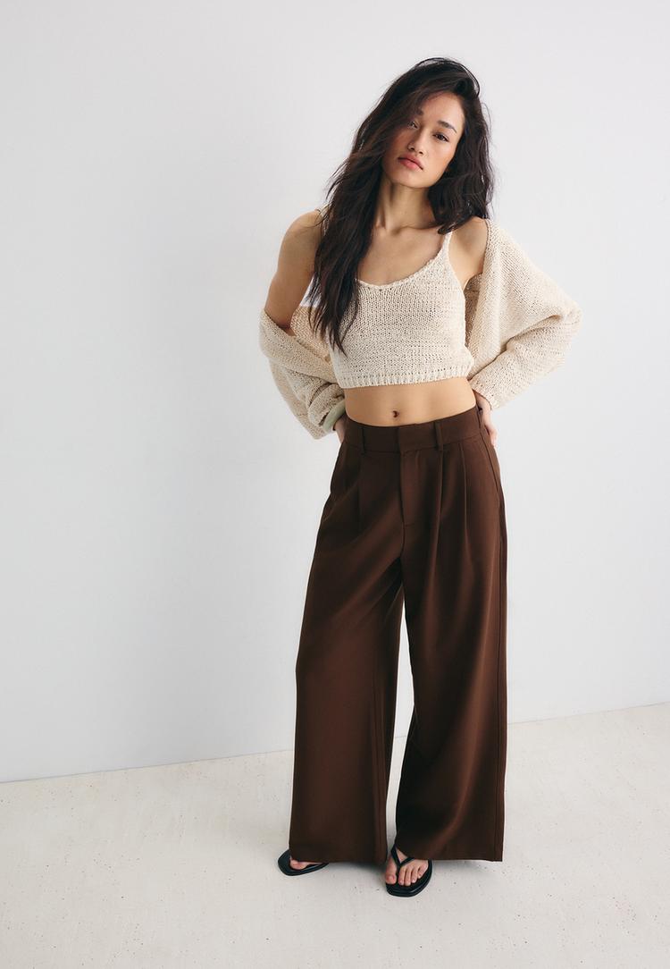 Stradivarius Ρυθμιζόμενο Παντελόνι Super Wide Καφέ 38