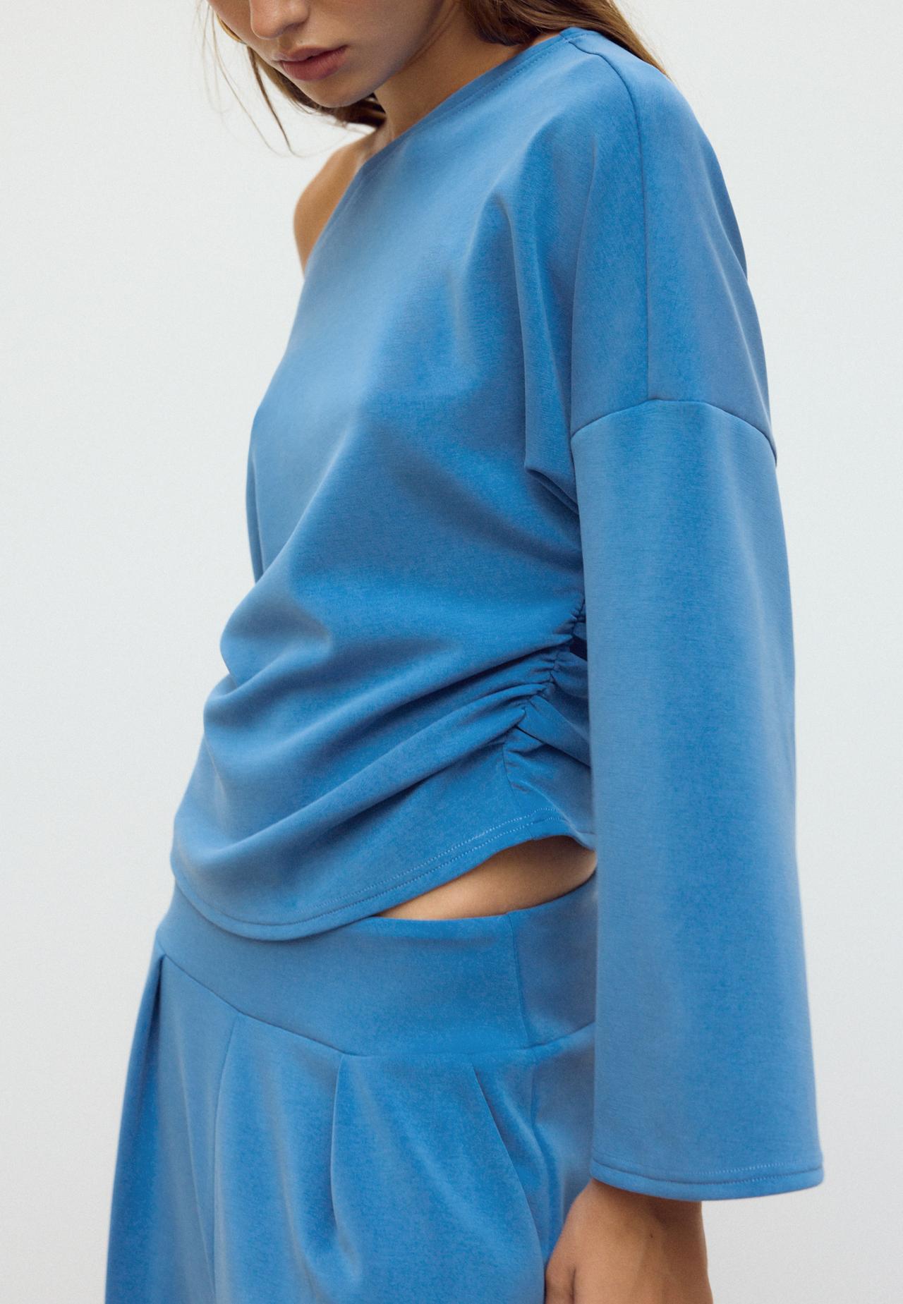 Asymmetric soft-touch ruched sweatshirt — Electric blue