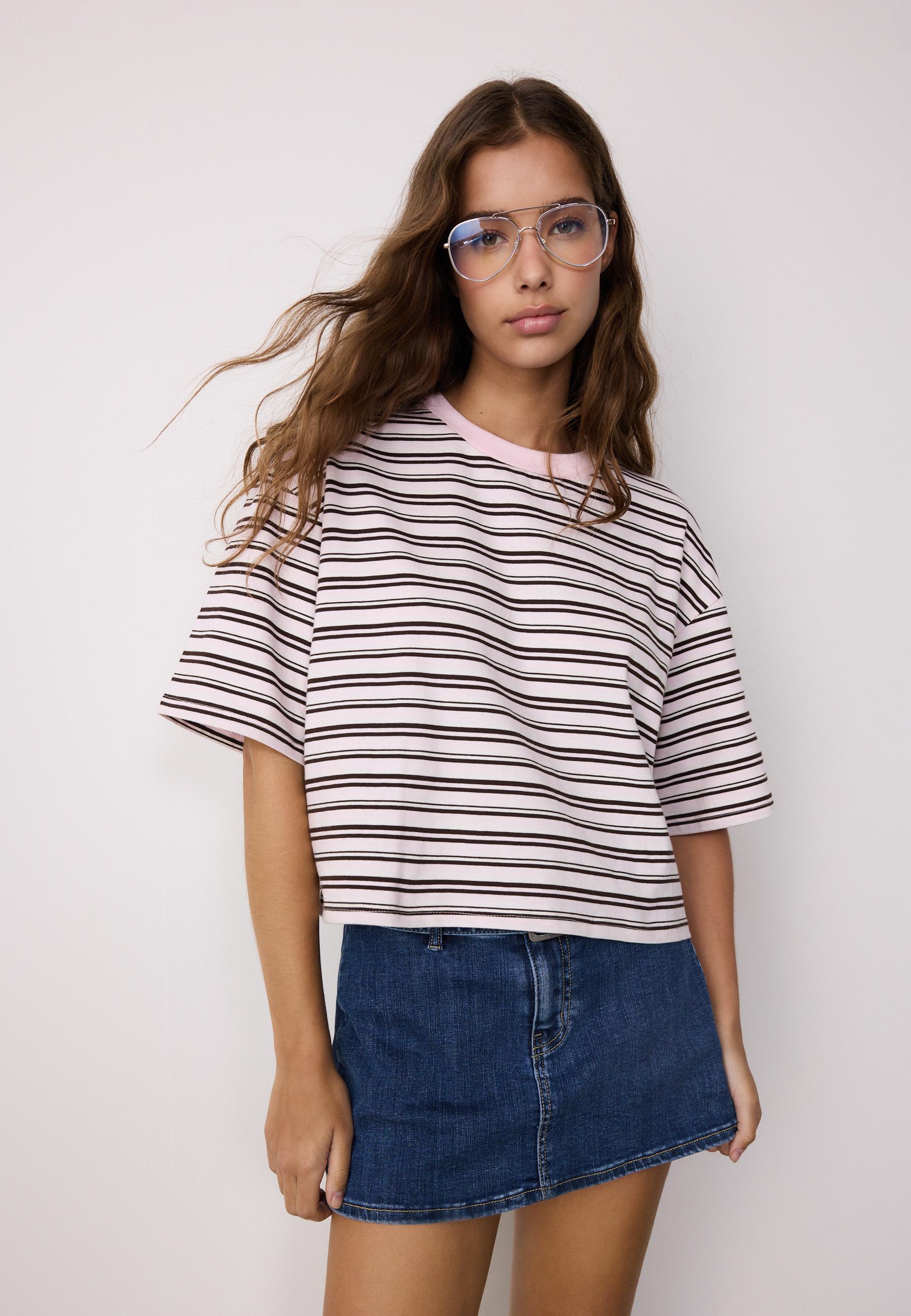 Striped short sleeve T-shirt — Salmon pink