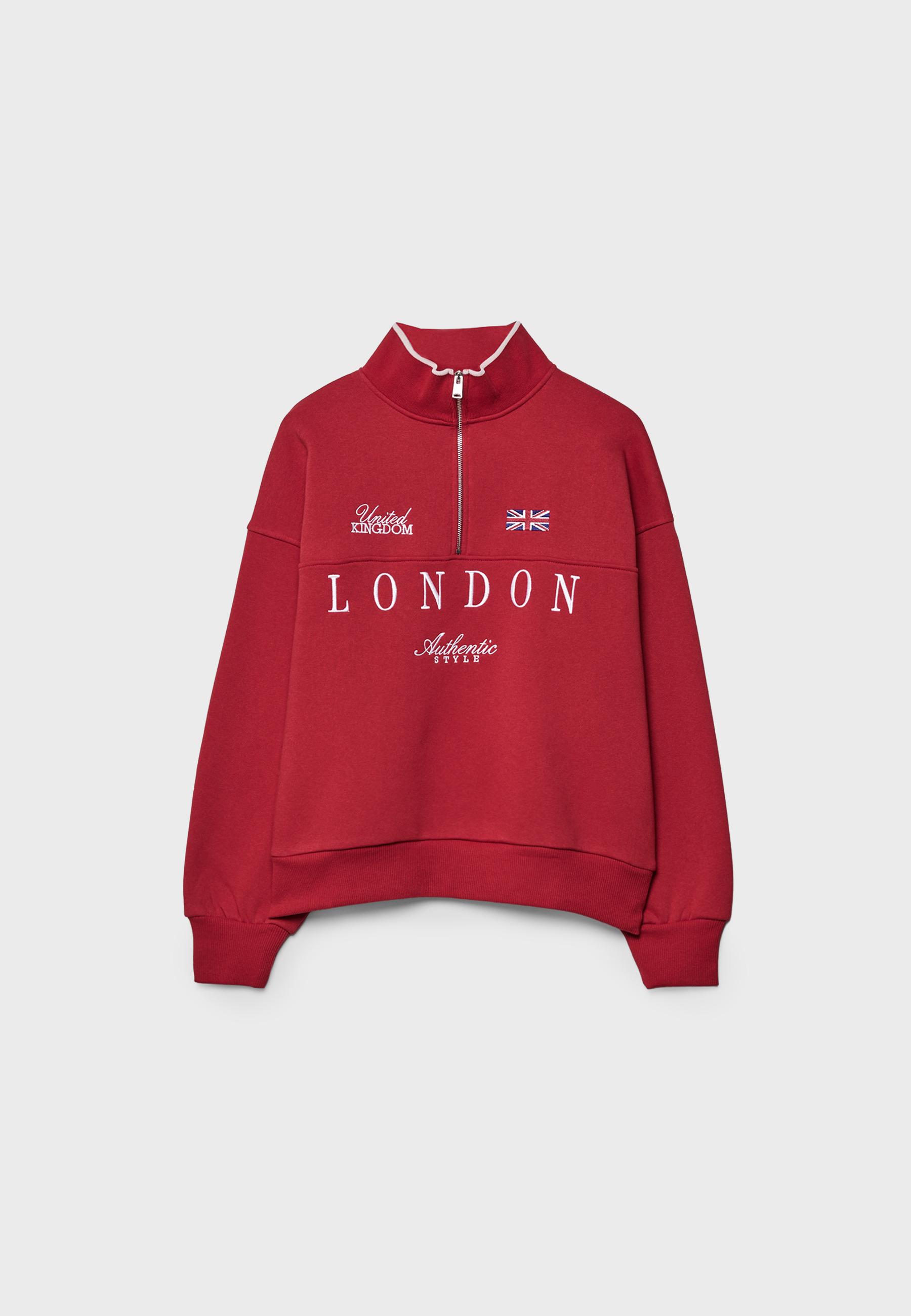 Embroidered Zip-Up Sweatshirt — Red