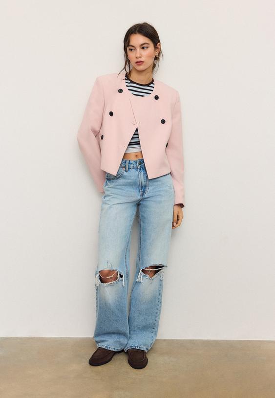 Stradivarius Round Neck Cropped Blazer Pastel Pink Xl