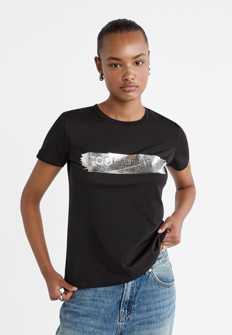 Stradivarius Tricou Cu Imprimeu Metalizat Negru Xs