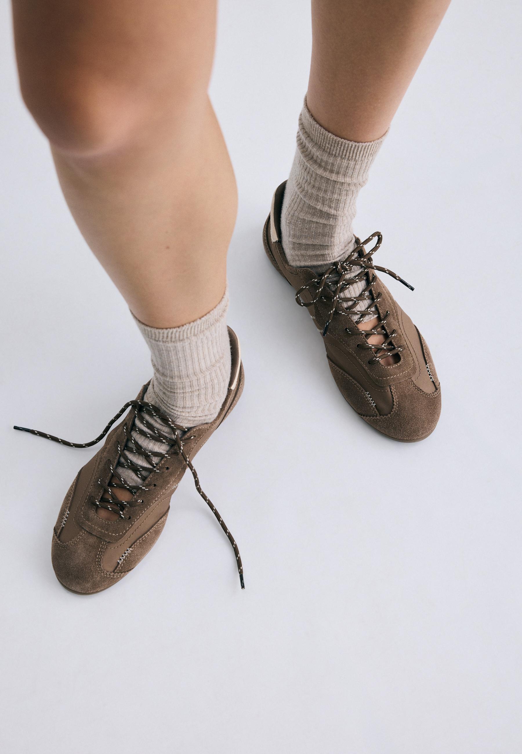 Lace-up leather detail sneakerinas — BROWN