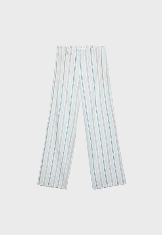 Straight fit dökümlü çizgili keten karışımlı pantolon