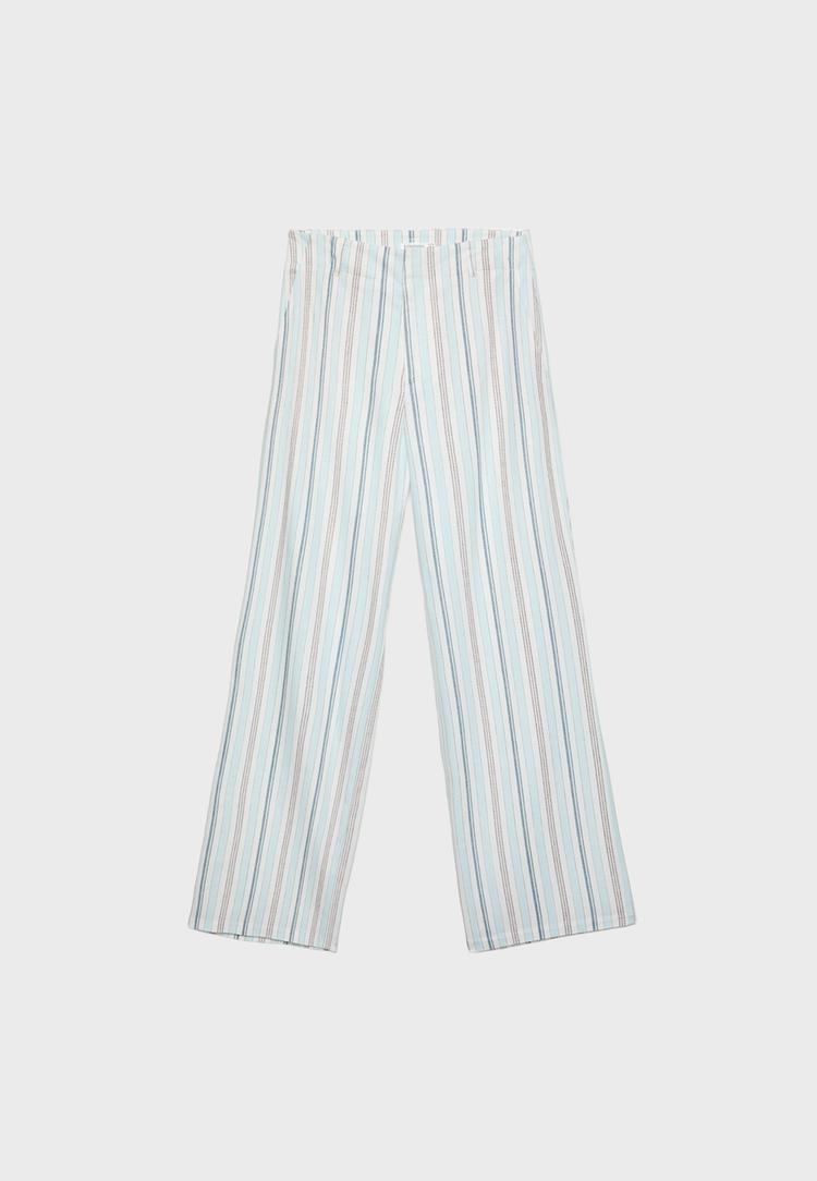 Straight fit dökümlü çizgili keten karışımlı pantolon_0