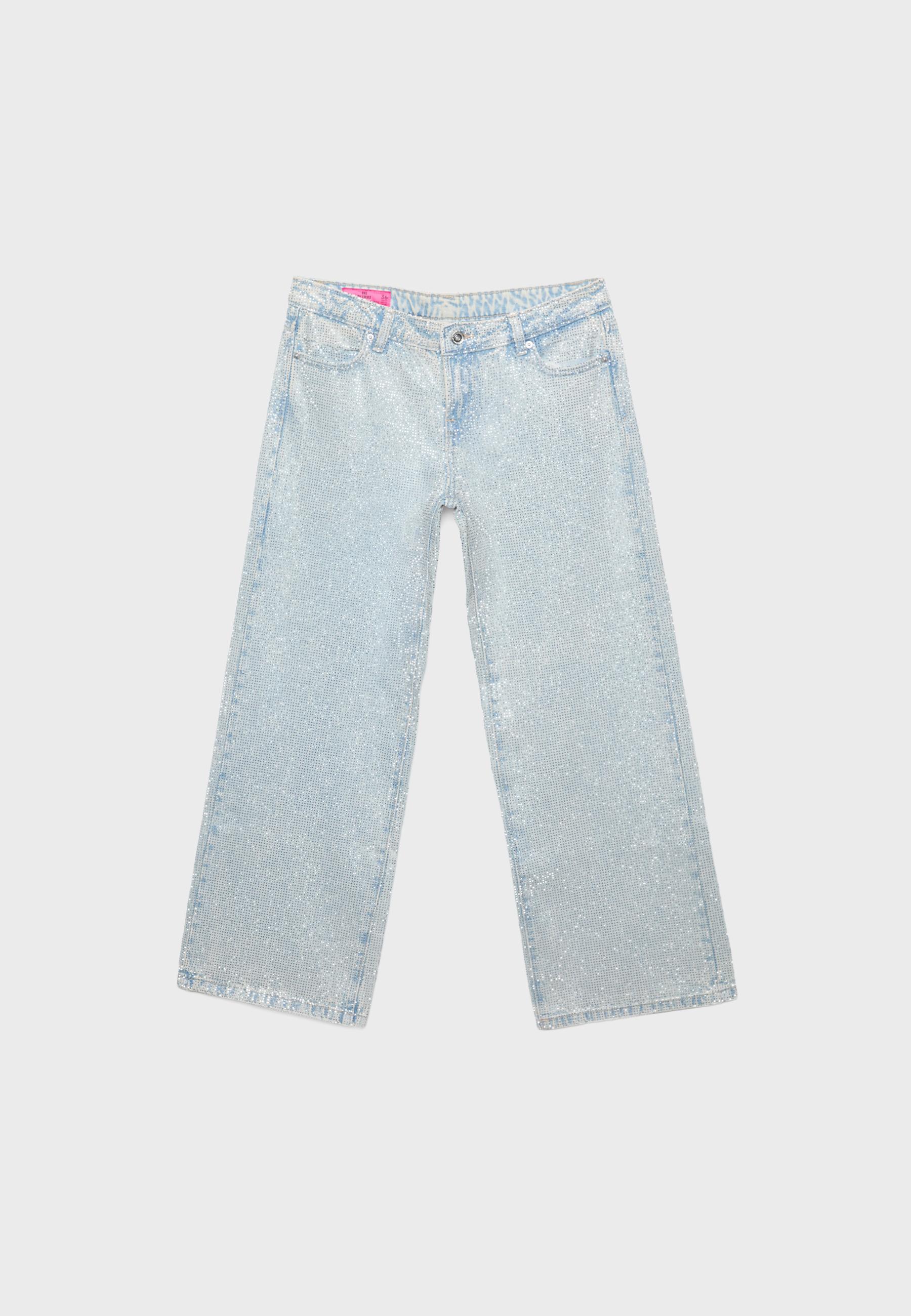 Low-rise straight-leg jeans with rhinestones One Dilemma — OVERDYED BLUE DENIM