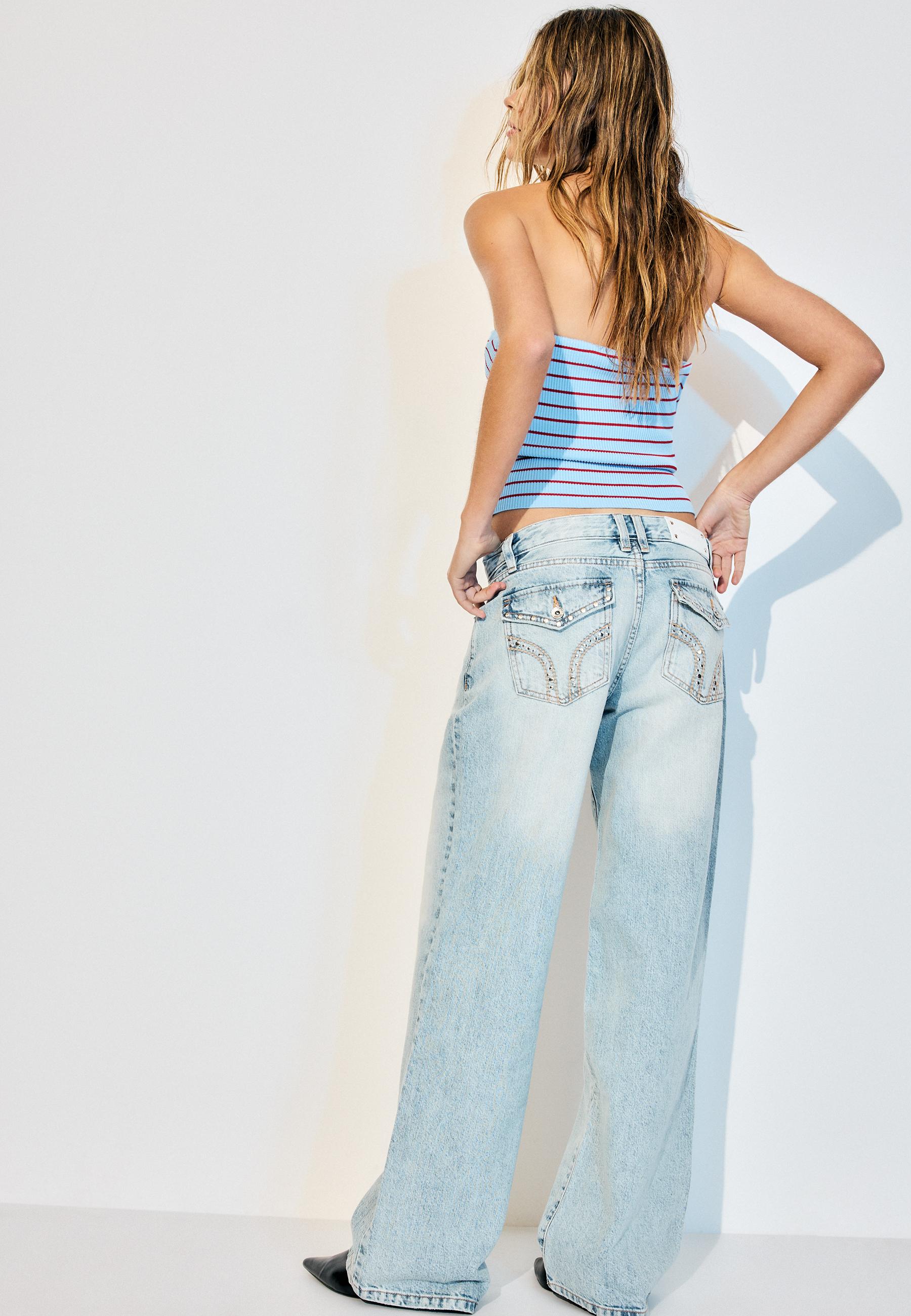 Low-rise straight jeans with studded pockets — OVERDYED BLUE DENIM