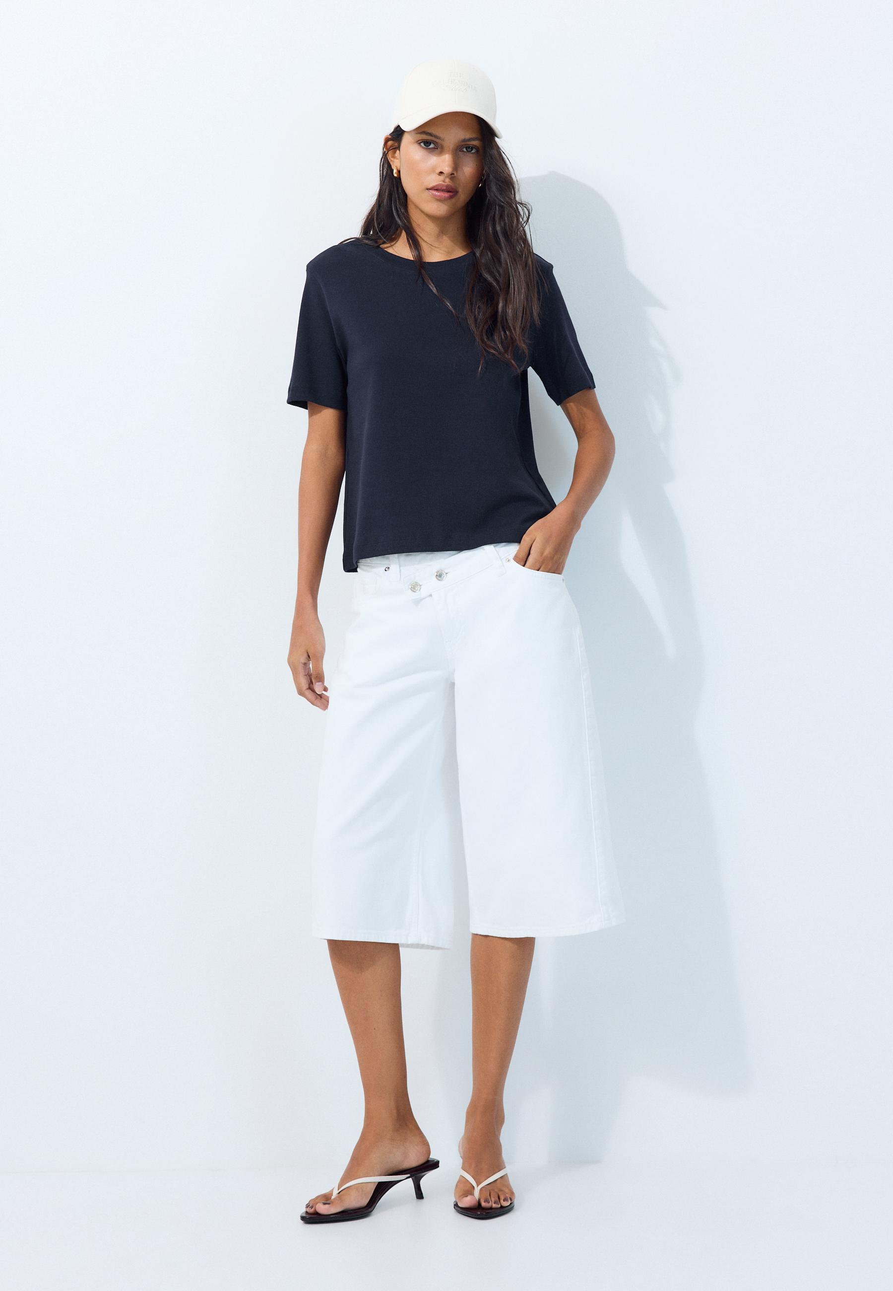 Stradivarius Βασική Μπλούζα Regular Fit Heavy Weight Σκούρο Μπλε Xxl