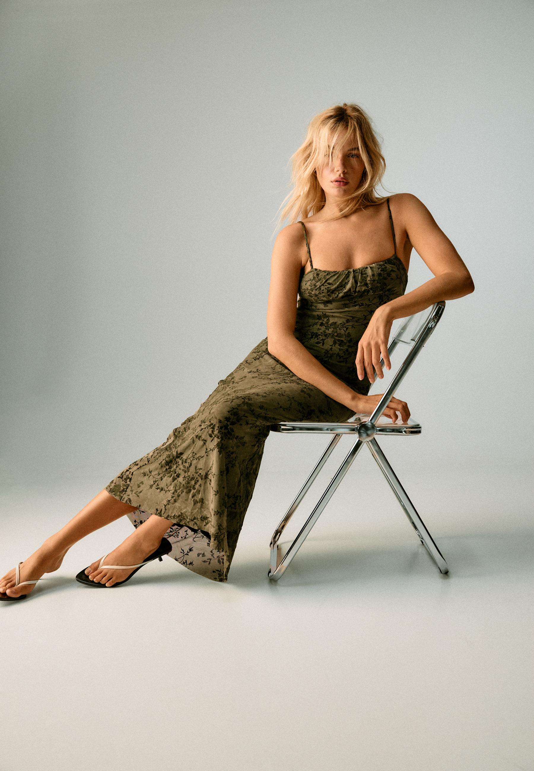 Flocked midi strap dress — Khaki