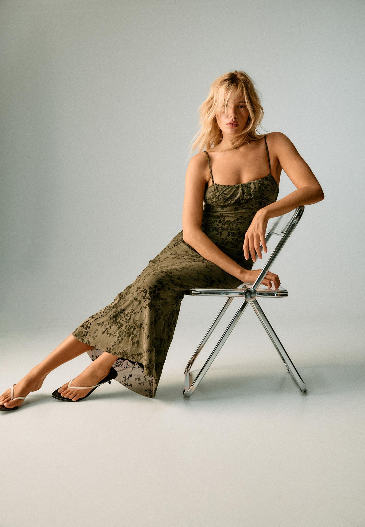 Flocked strap midi dress — Khaki